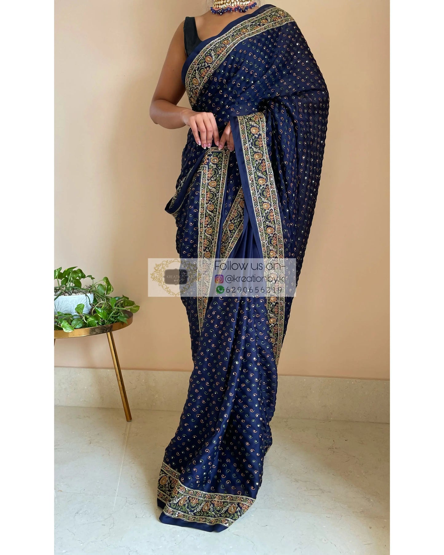 Navy Blue Bridal Handembroidered Saree - kreationbykj