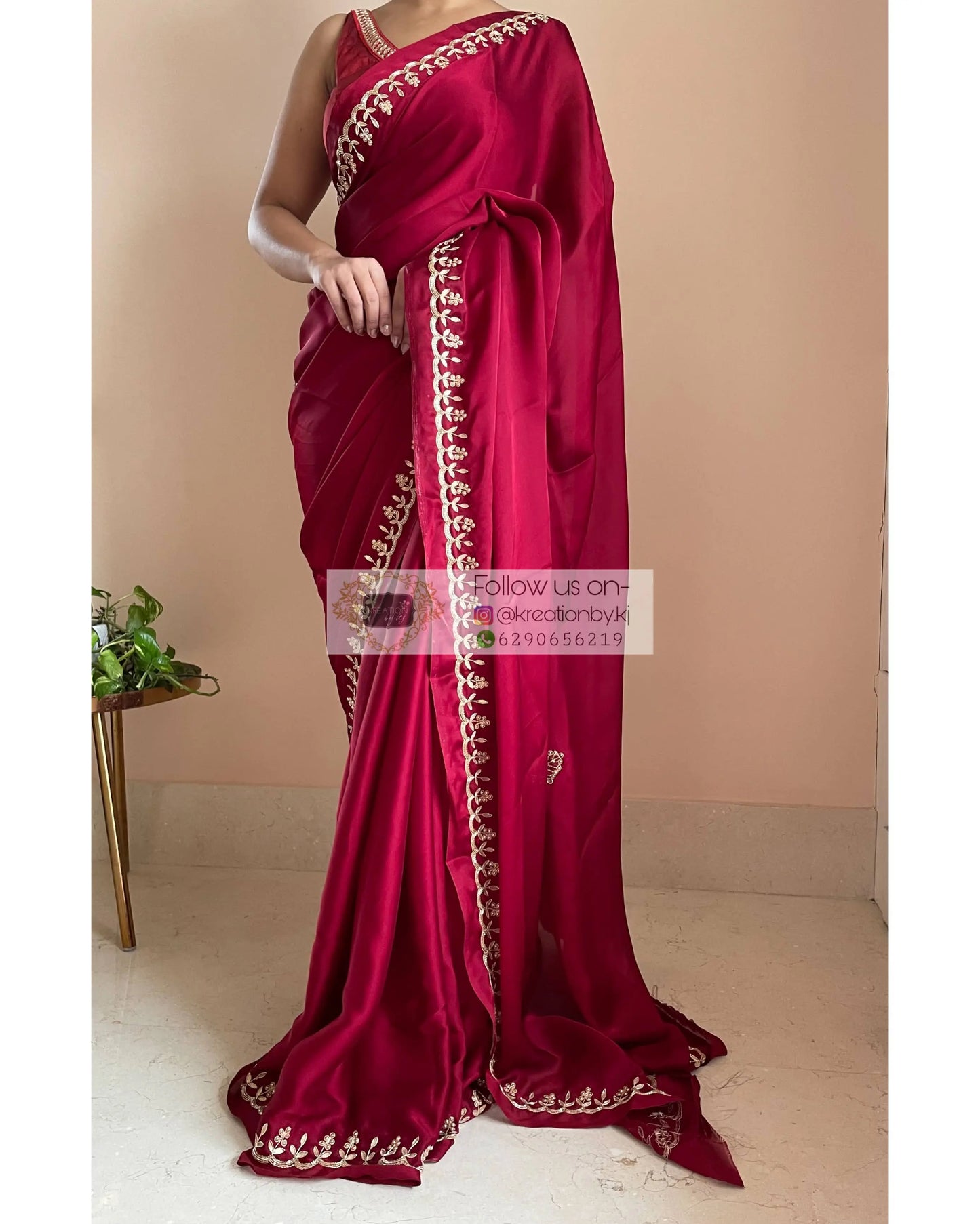 Maroon Crepe Silk Saree With Gota Patti Border - kreationbykj