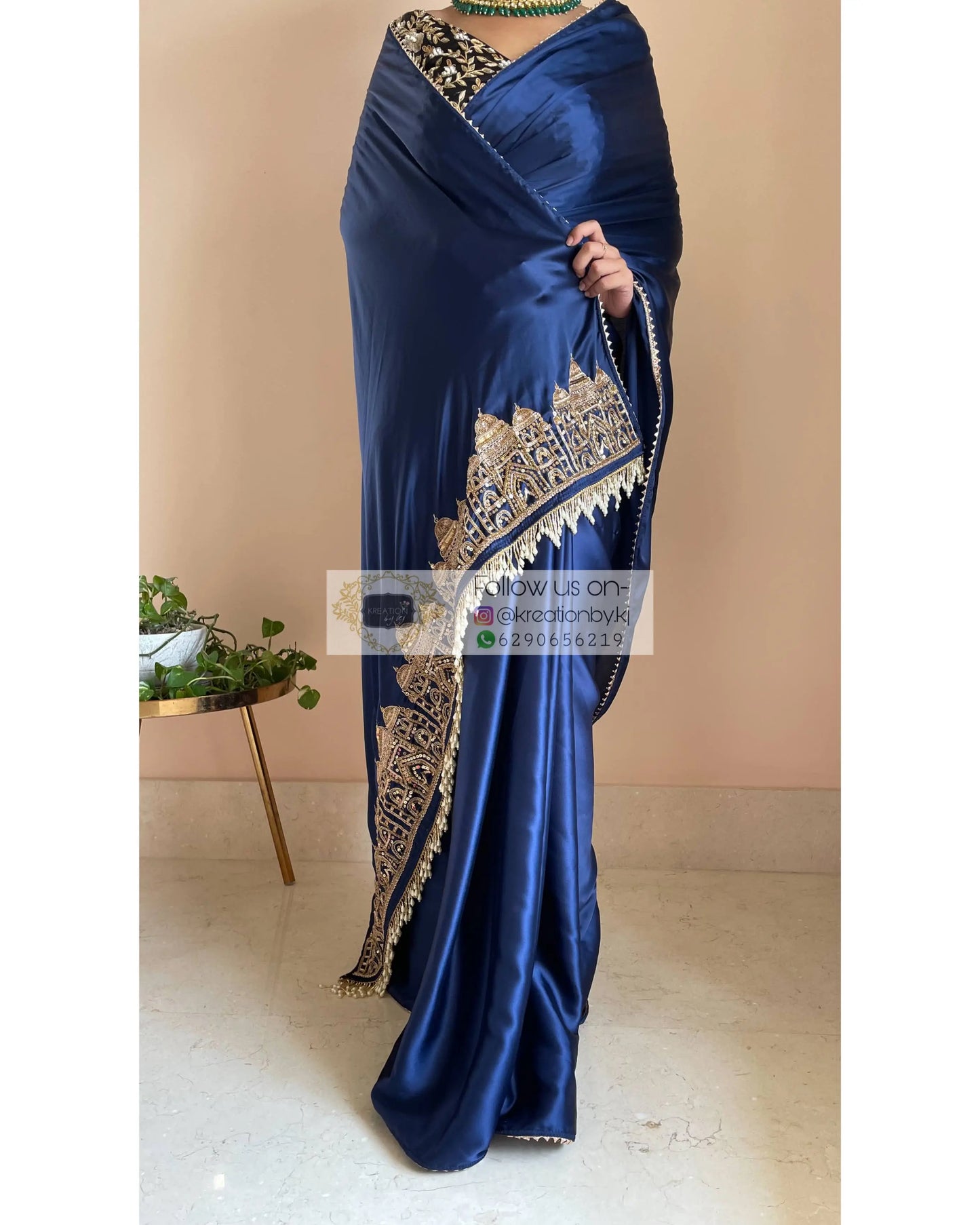 Navy Blue Satin Silk Taj Mahal Saree - kreationbykj