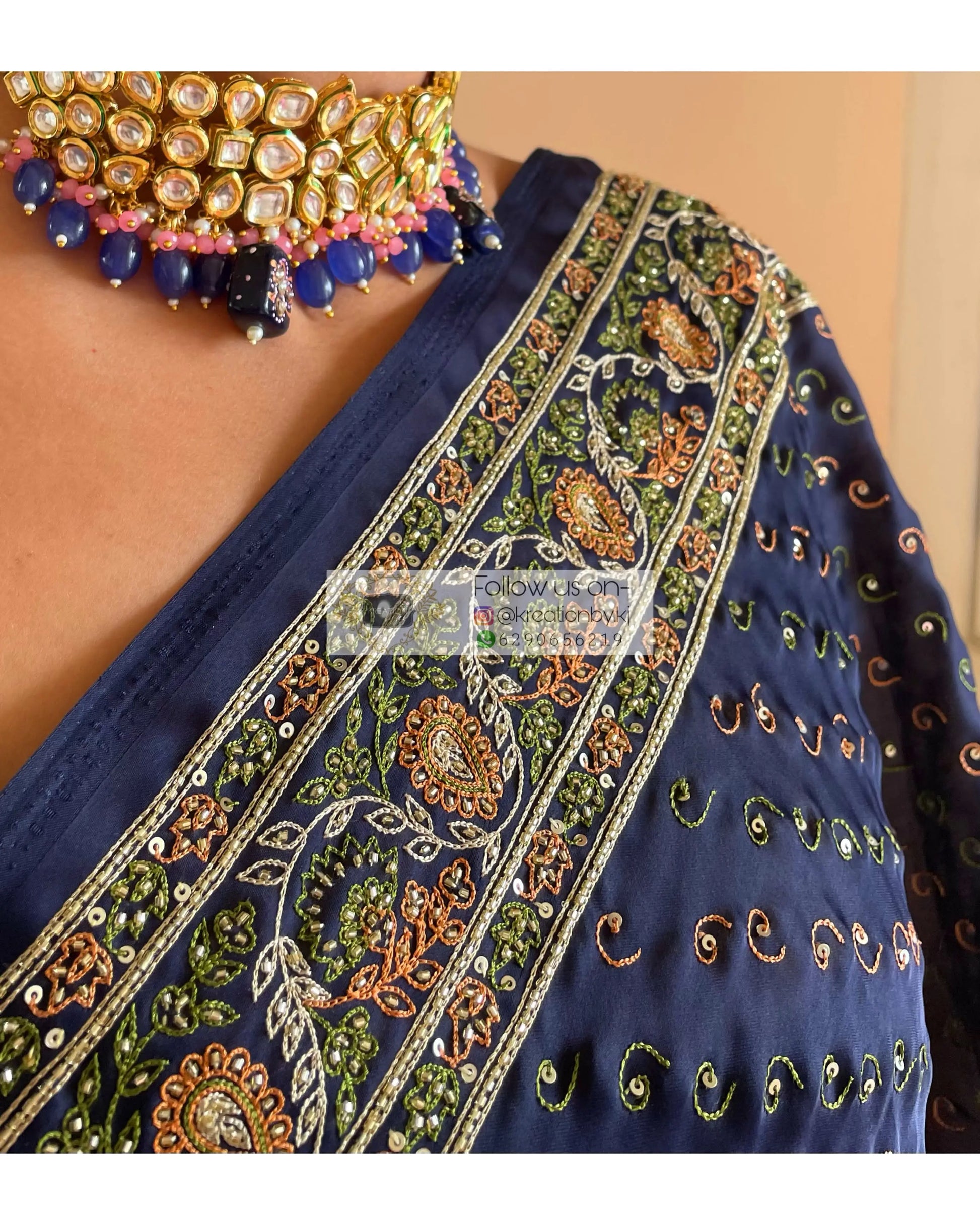 Navy Blue Bridal Handembroidered Saree - kreationbykj