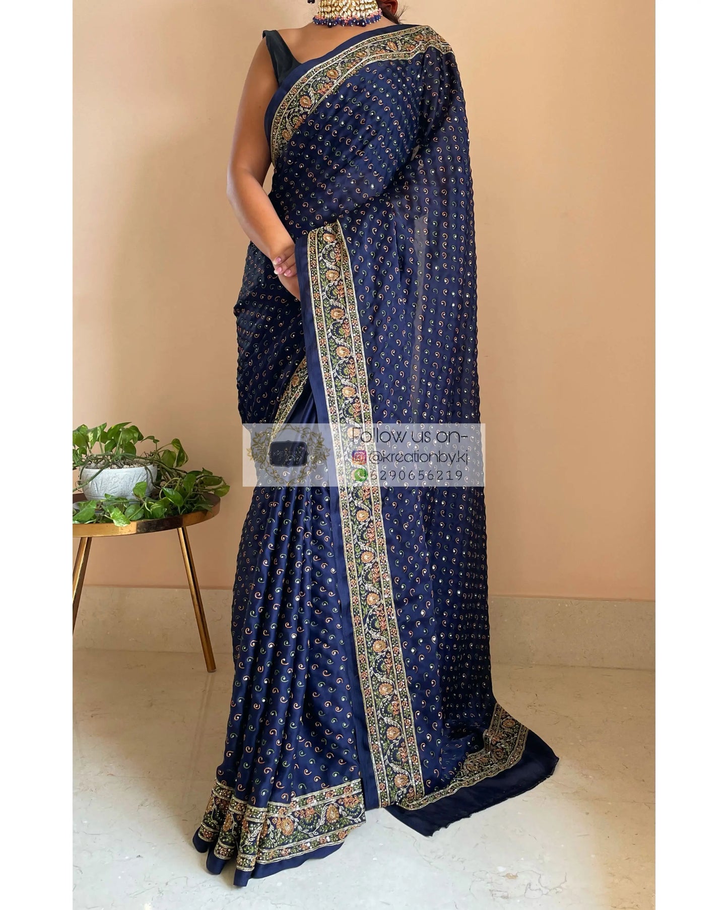 Navy Blue Bridal Handembroidered Saree - kreationbykj