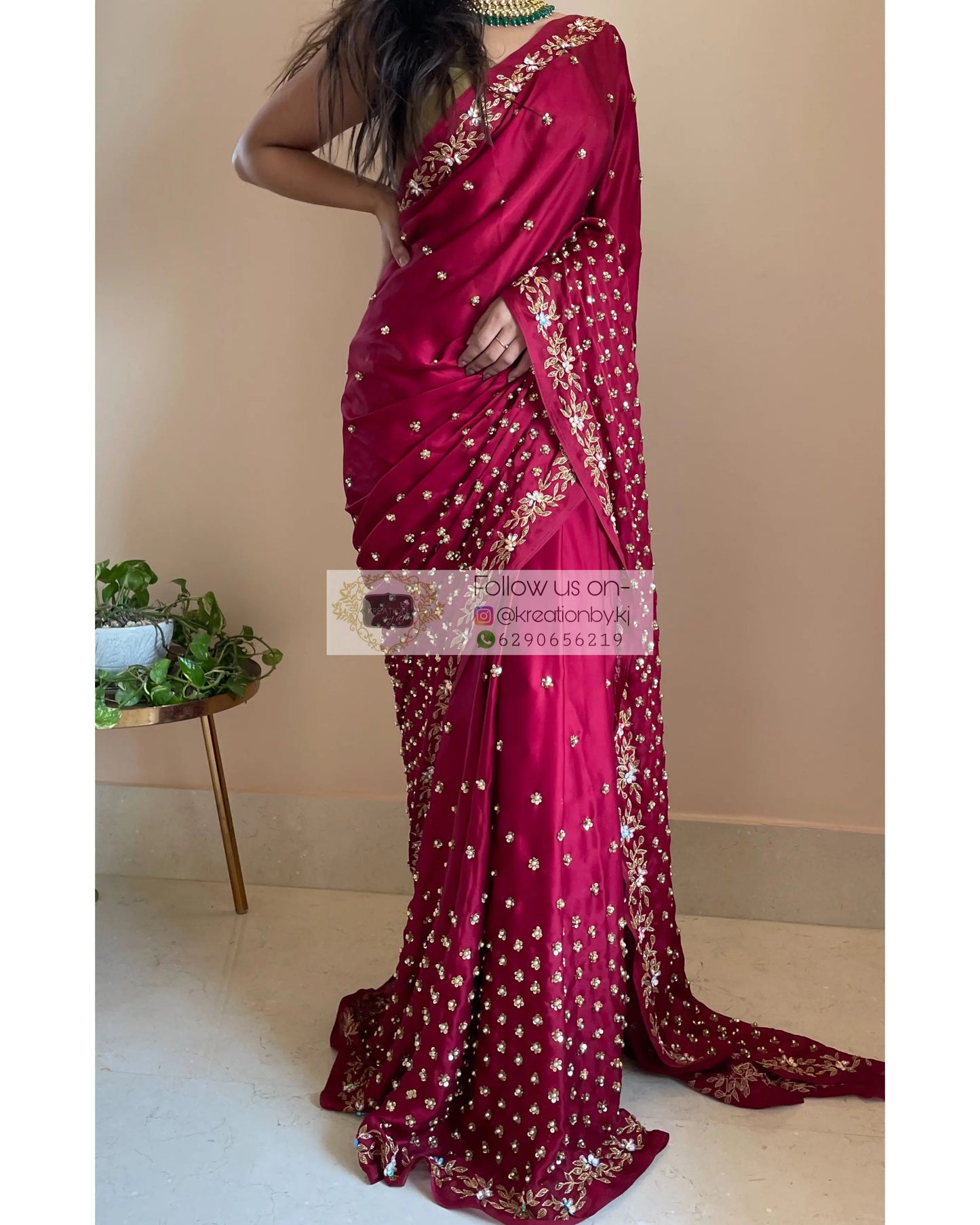 Maroon Crepe Silk Badan pe Sitare - kreationbykj