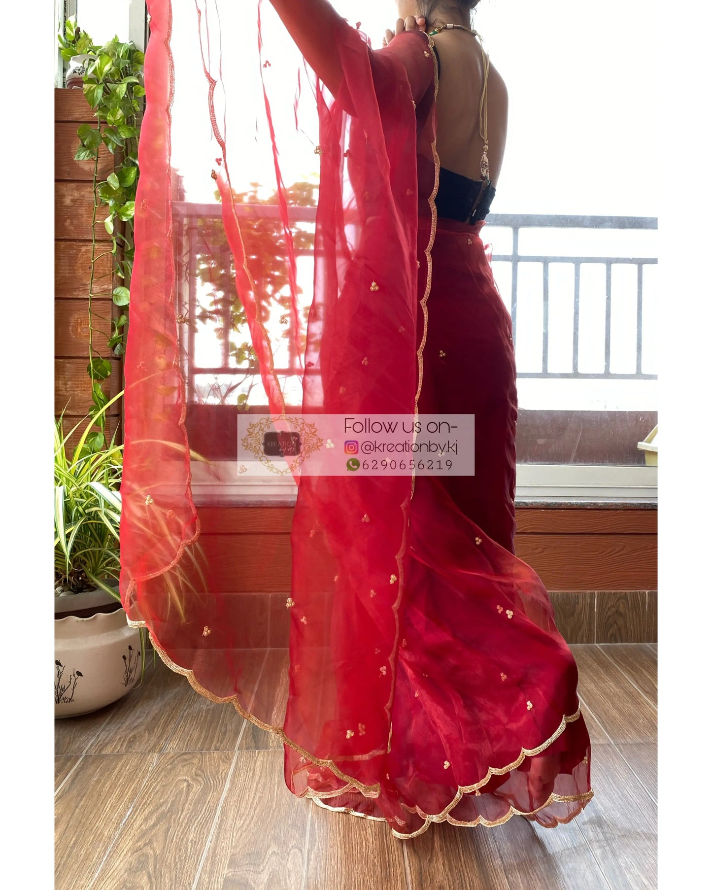 Red Glass Tissue Saree with Handembroidered Scalloping - kreationbykj