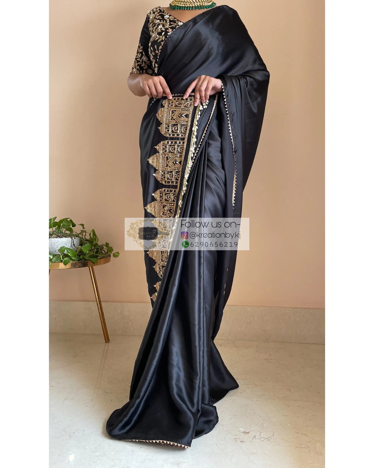 Black Satin Silk Taj Mahal Saree - kreationbykj