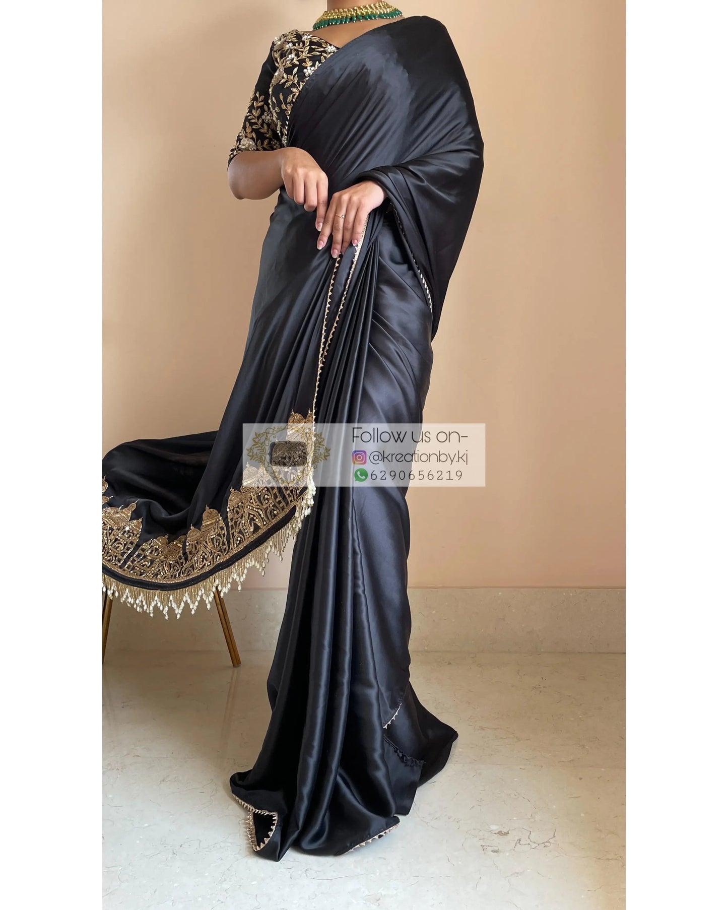 Black Satin Silk Taj Mahal Saree - kreationbykj
