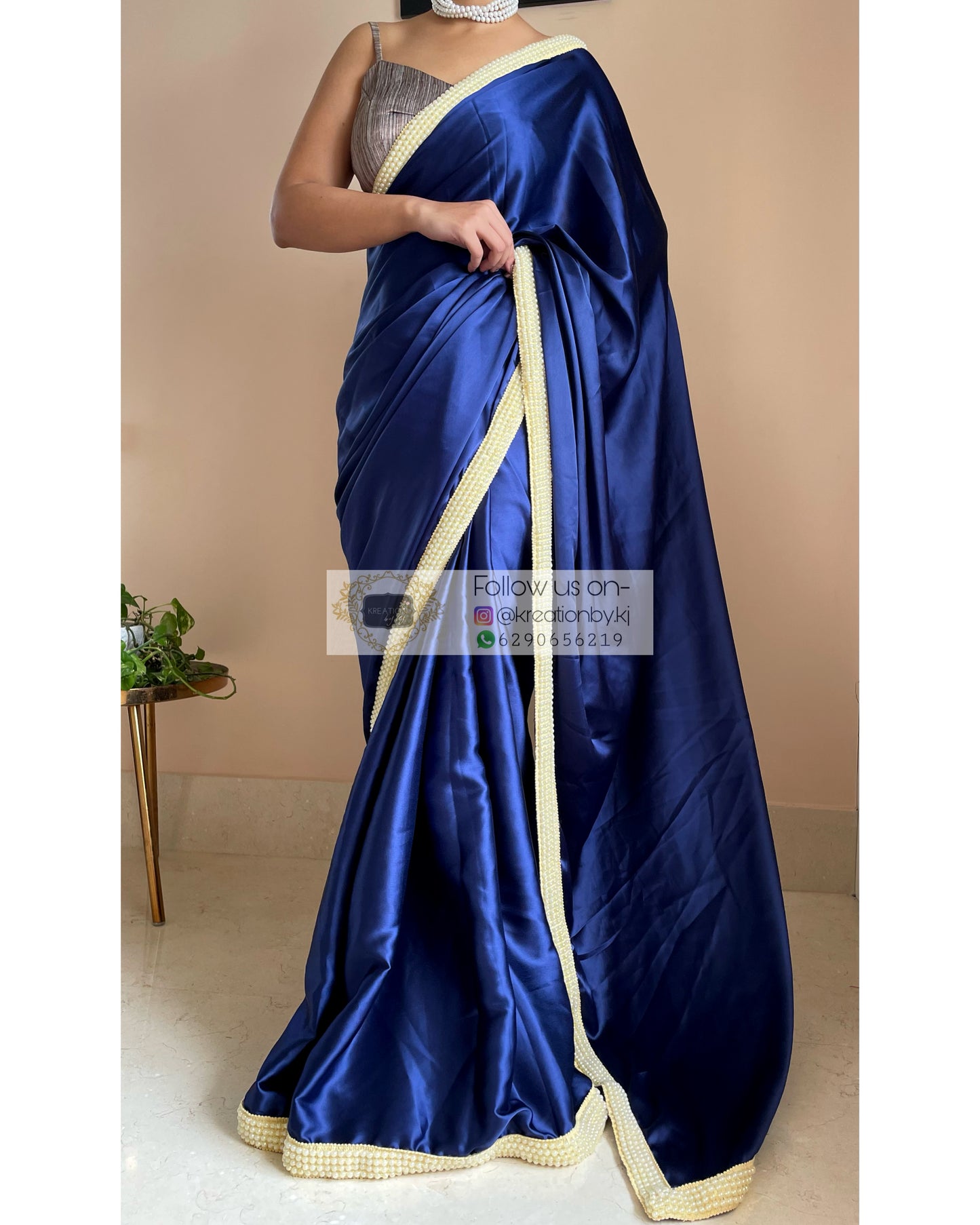 Navy Blue Mother Of Pearl Saree - kreationbykj