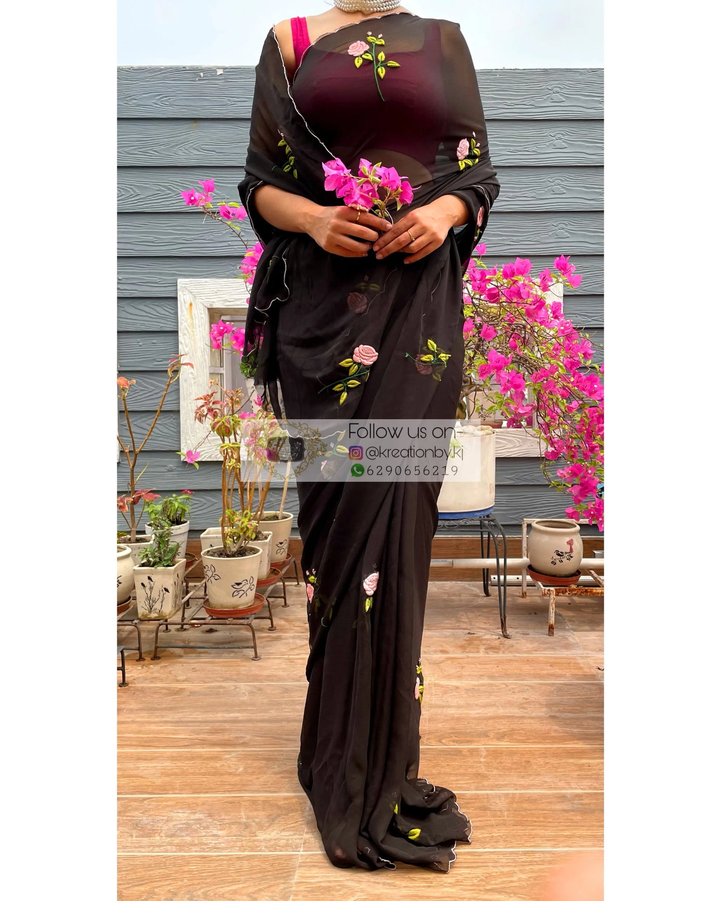 Black Georgette Guldasta Saree - kreationbykj