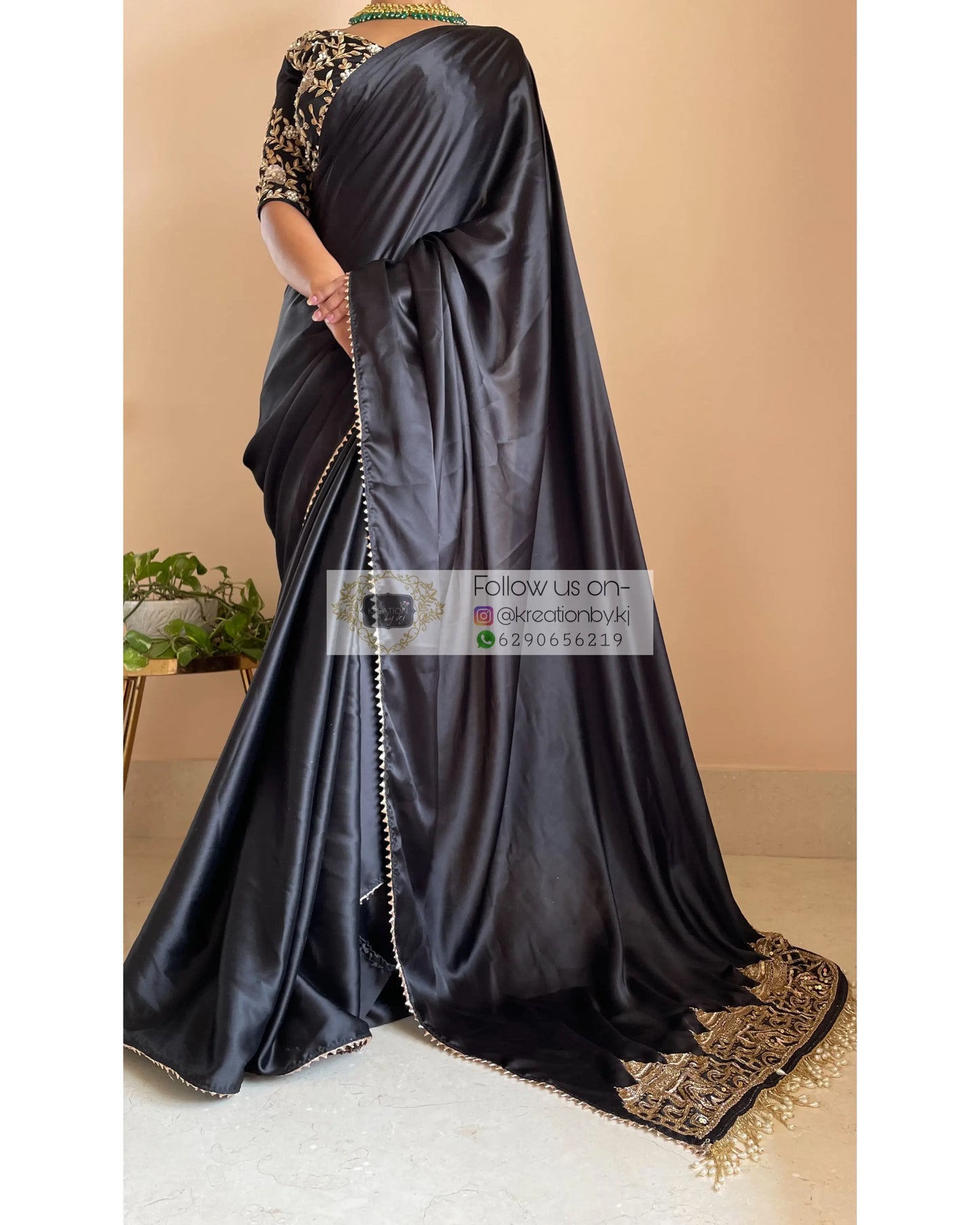 Black Satin Silk Taj Mahal Saree - kreationbykj