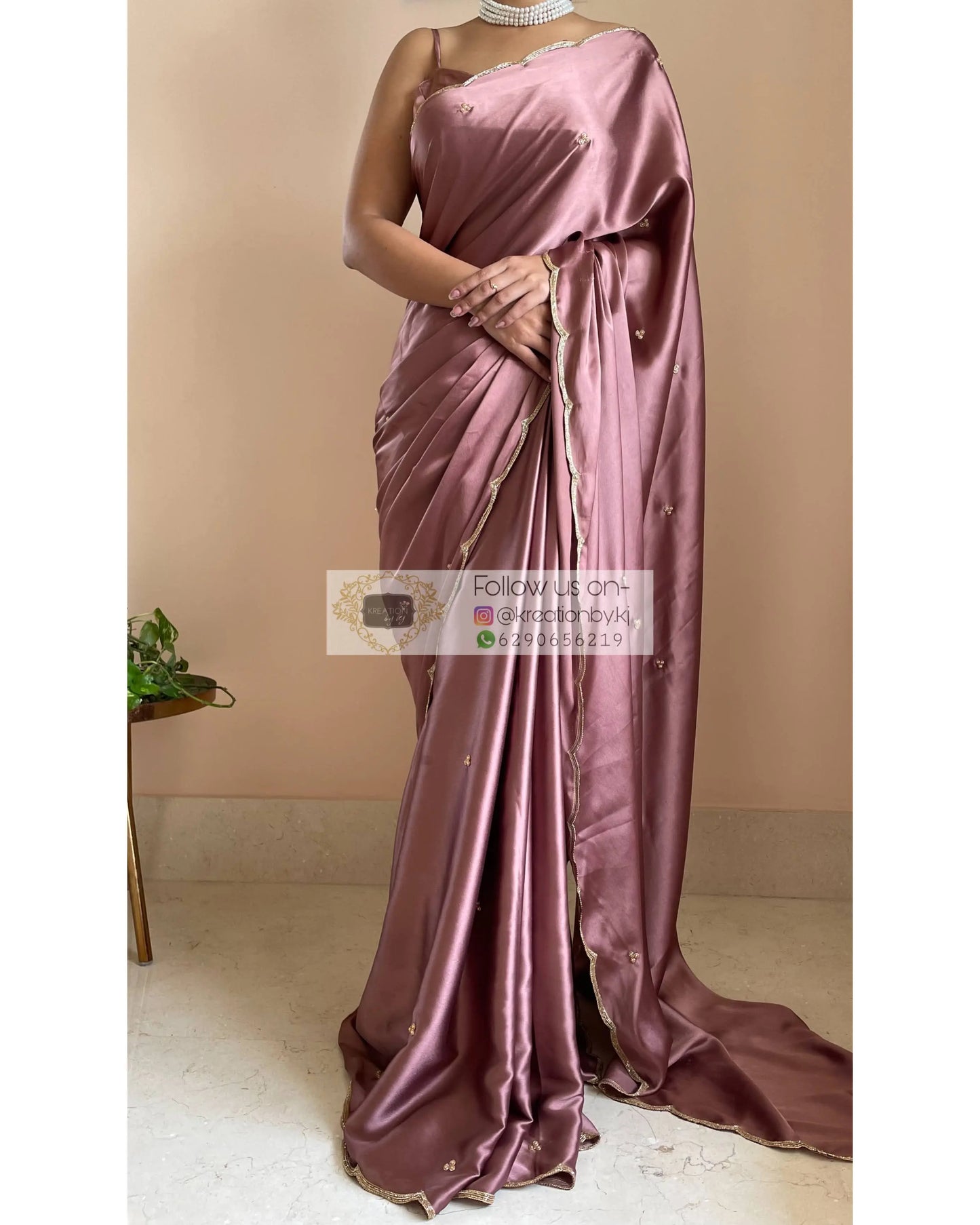 Rose Gold Satin Silk Saree With Handembroidered Scalloping - kreationbykj
