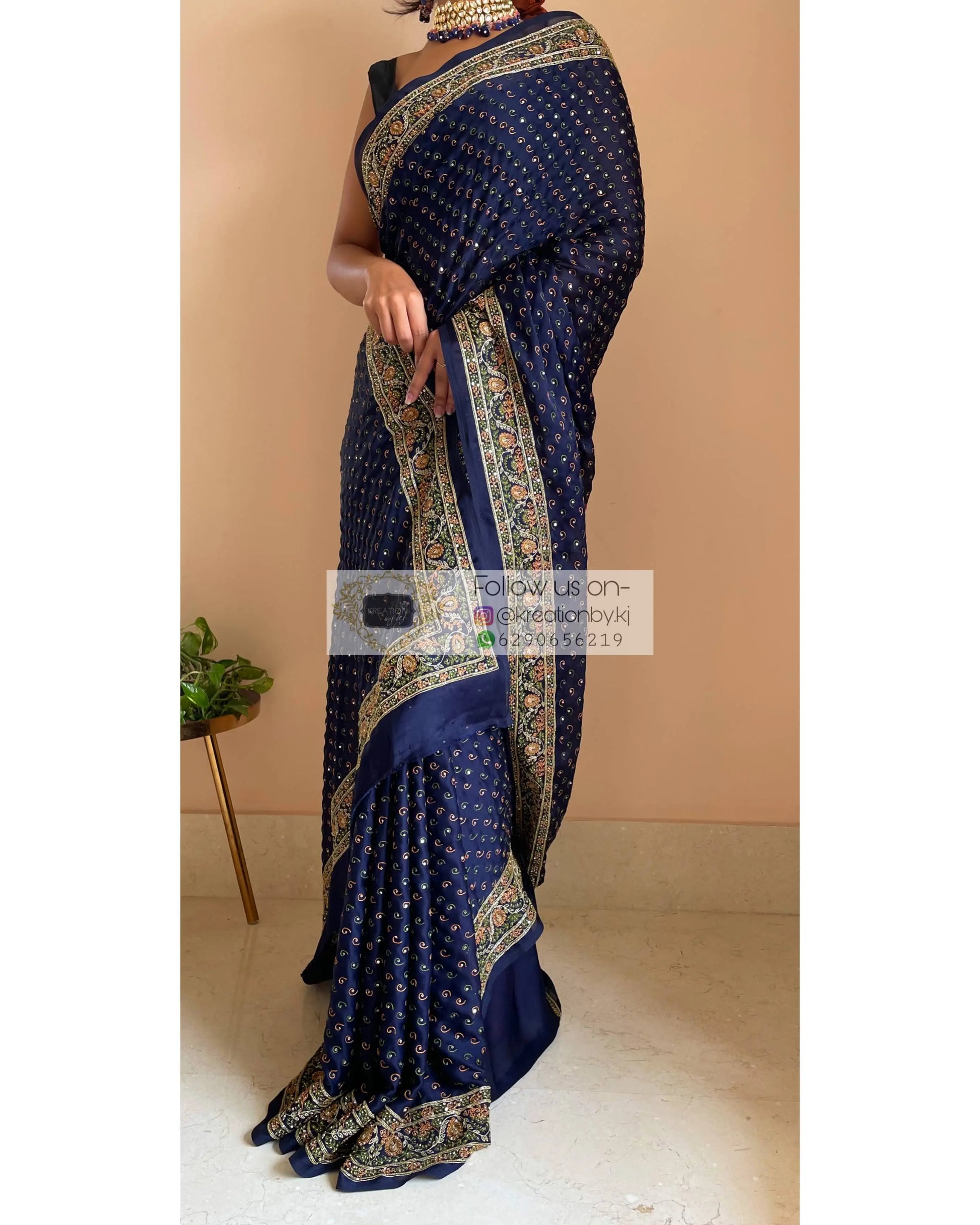 Navy Blue Bridal Handembroidered Saree - kreationbykj