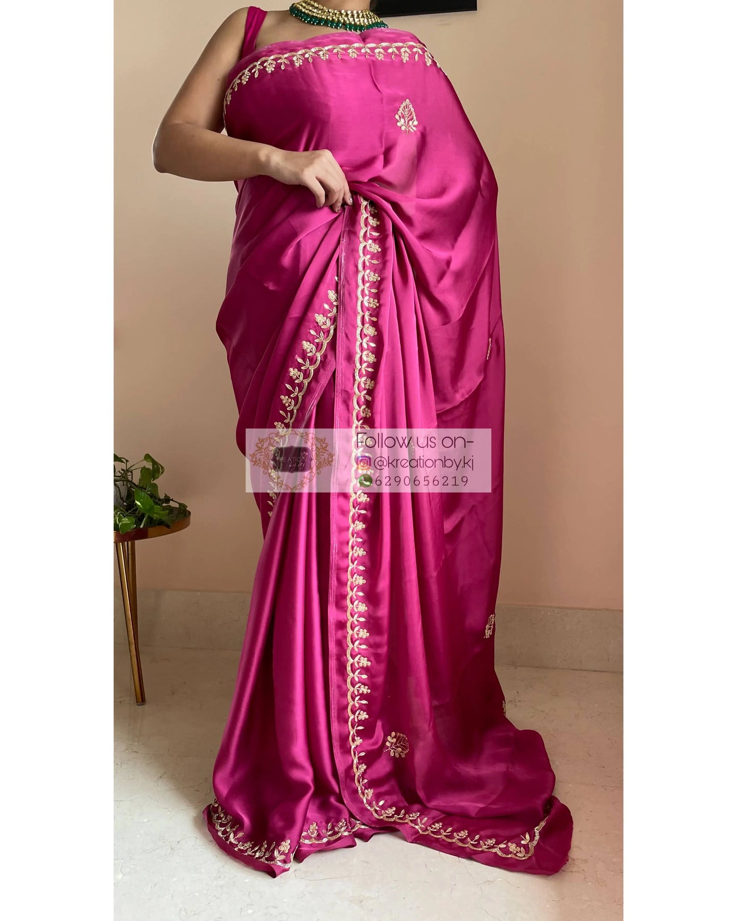 Pink Crepe Silk Saree With Gota Patti Border - kreationbykj