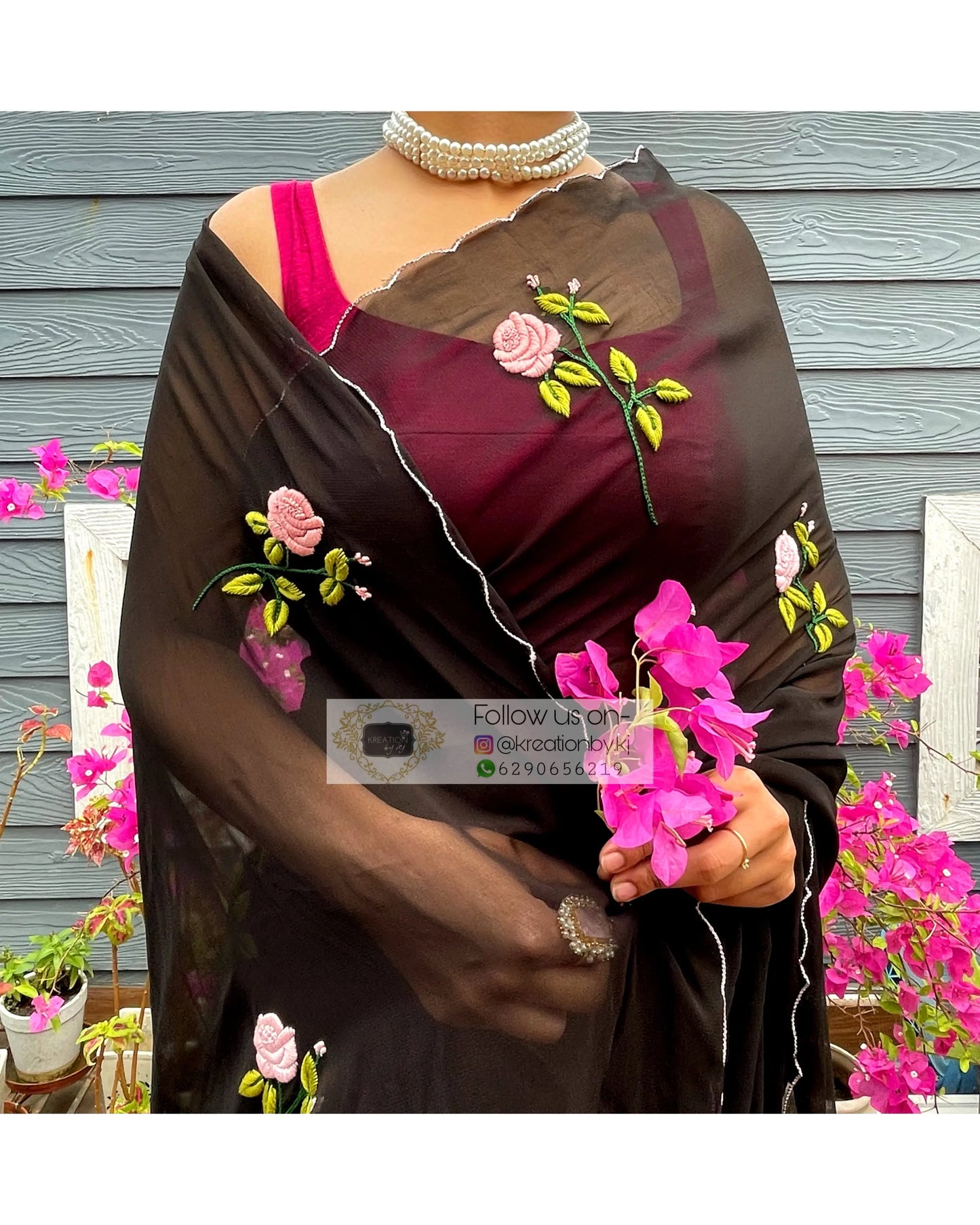 Black Georgette Guldasta Saree - kreationbykj
