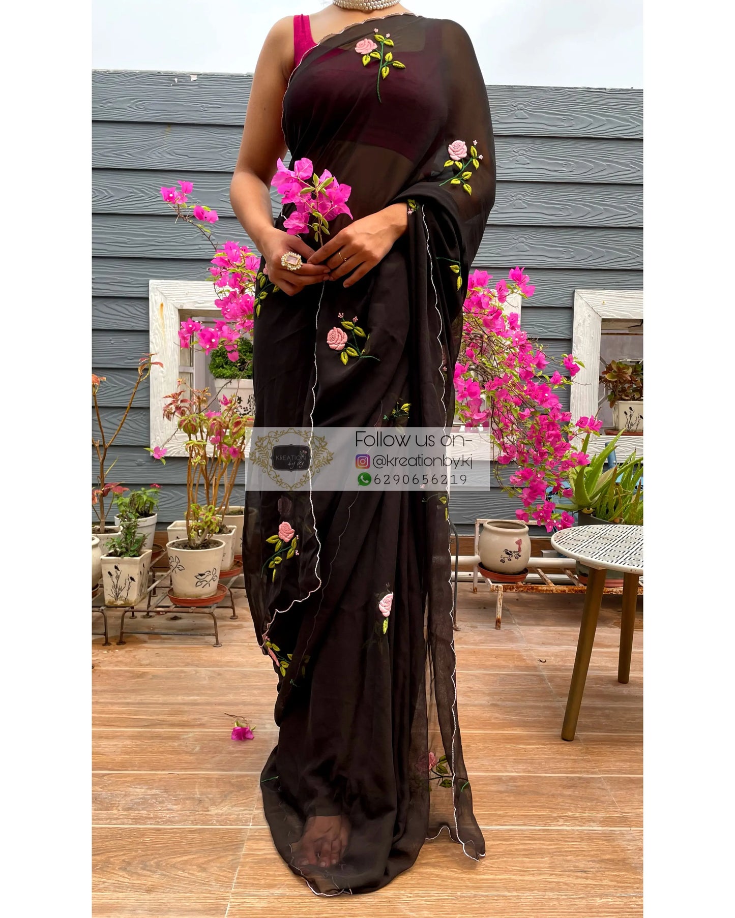 Black Georgette Guldasta Saree - kreationbykj