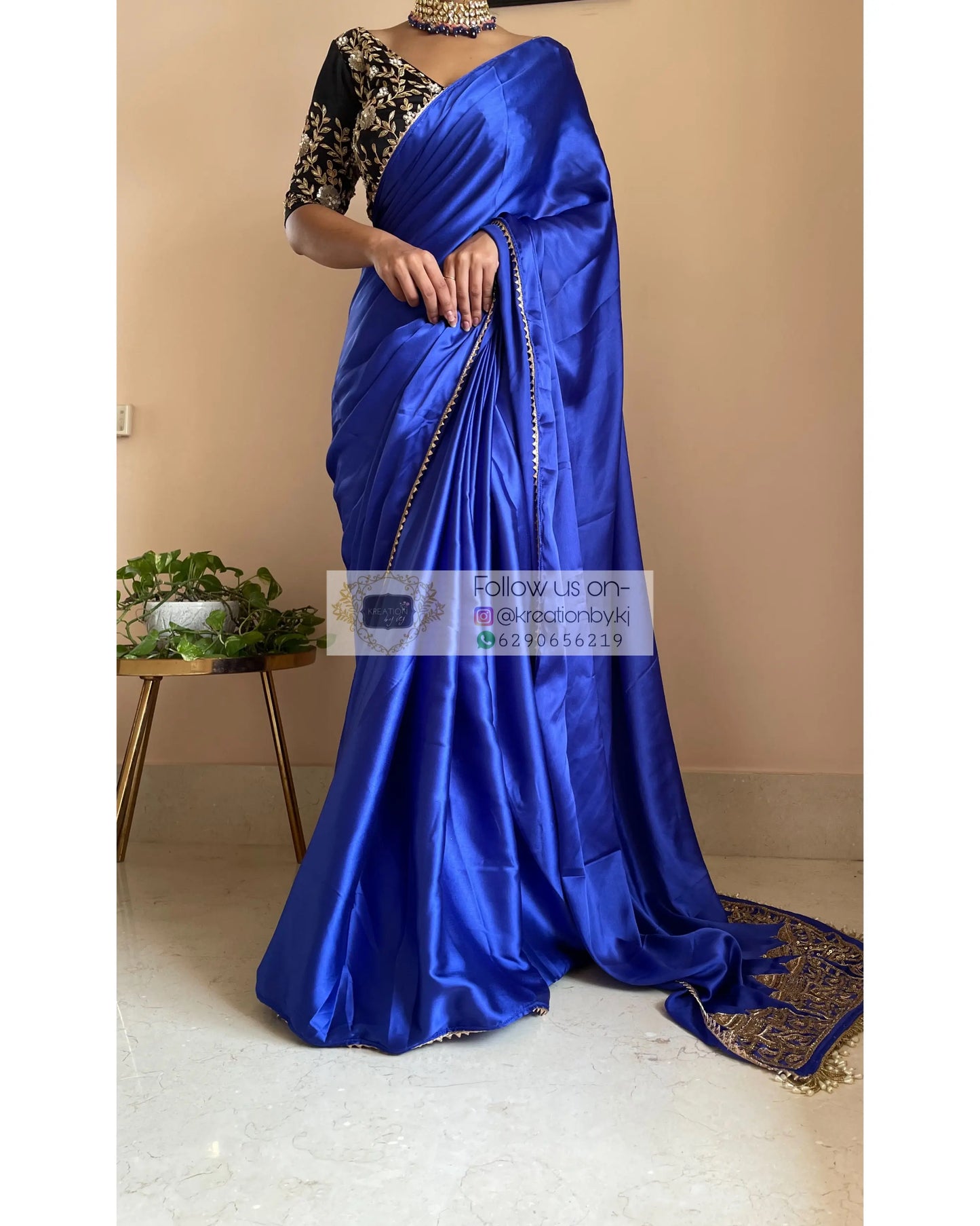 Royal Blue Satin Silk Taj Mahal Saree - kreationbykj