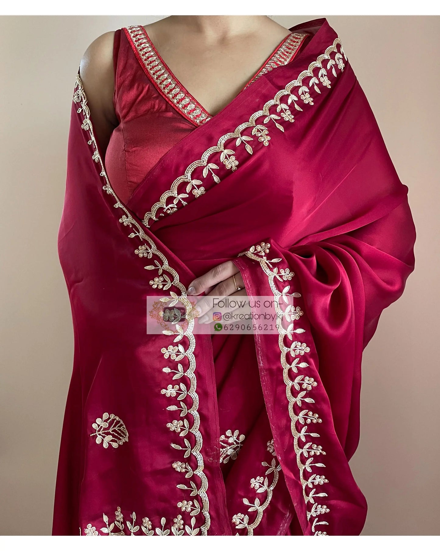 Maroon Crepe Silk Saree With Gota Patti Border - kreationbykj