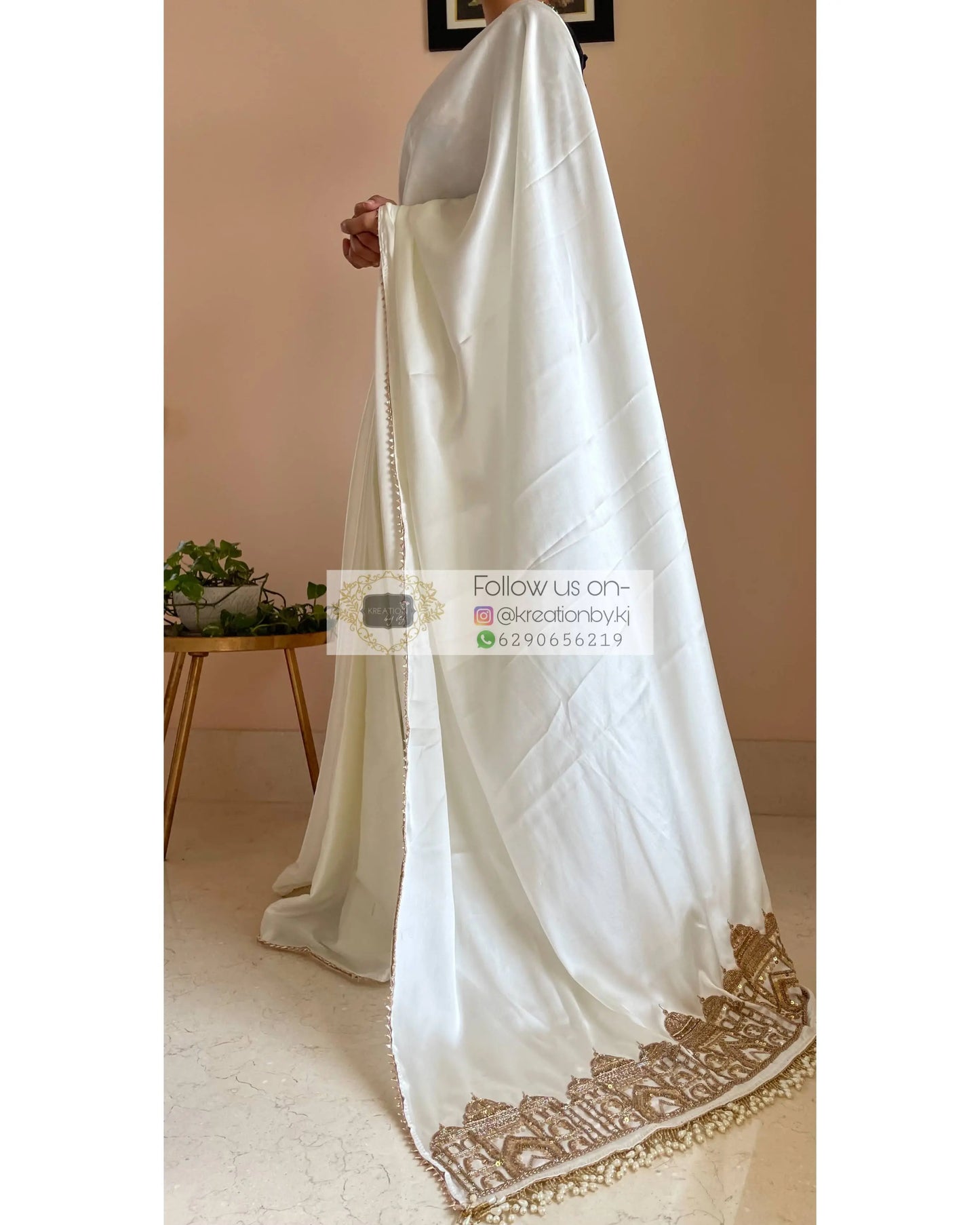 Cream Satin Silk Taj Mahal Saree - kreationbykj