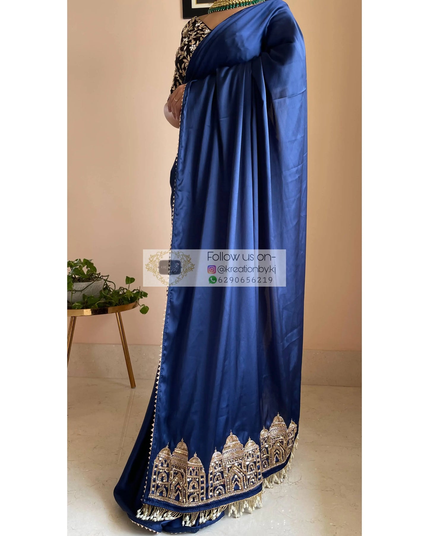 Navy Blue Satin Silk Taj Mahal Saree - kreationbykj