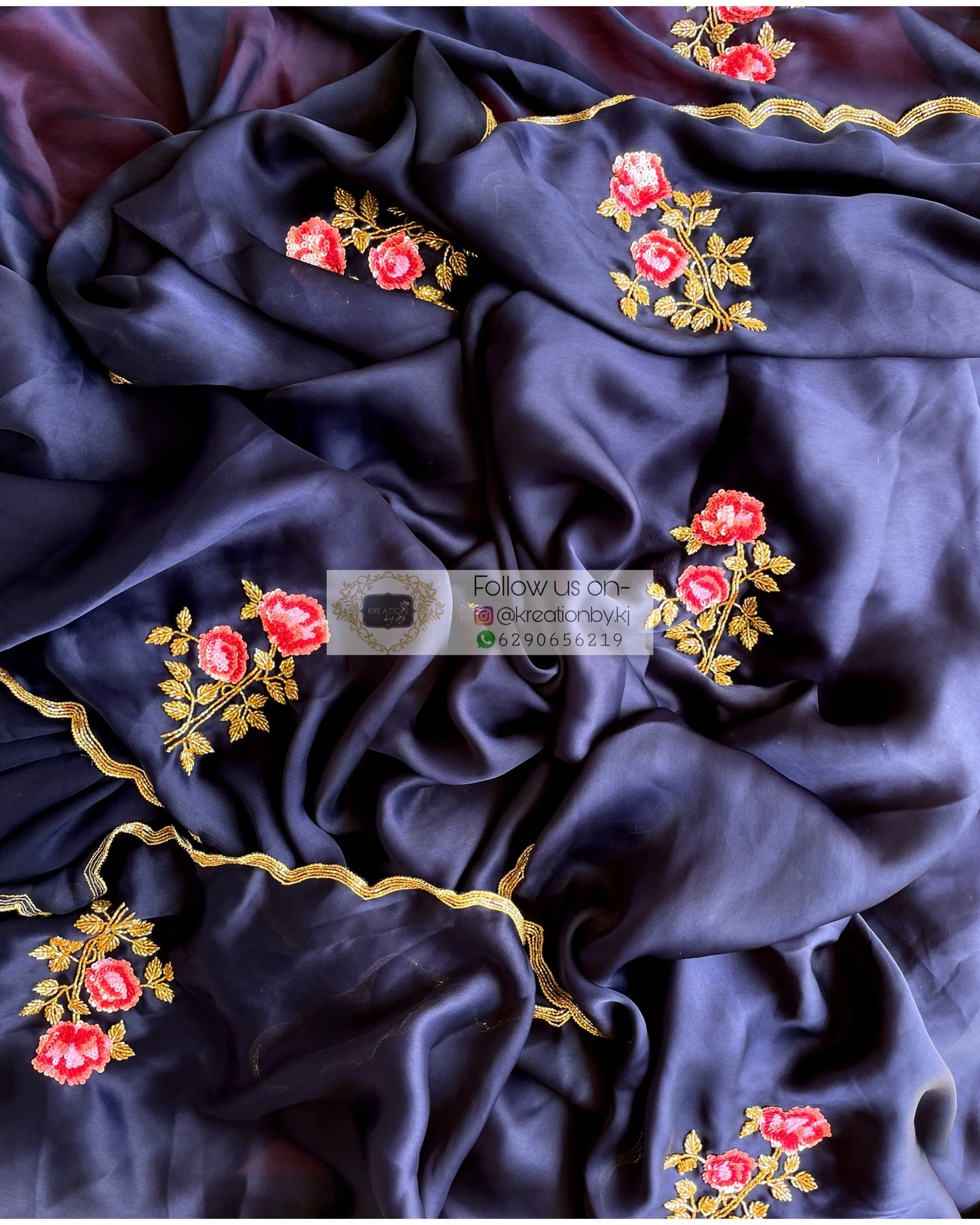 Remember the Roses Navy Blue Crepe Silk Saree - kreationbykj