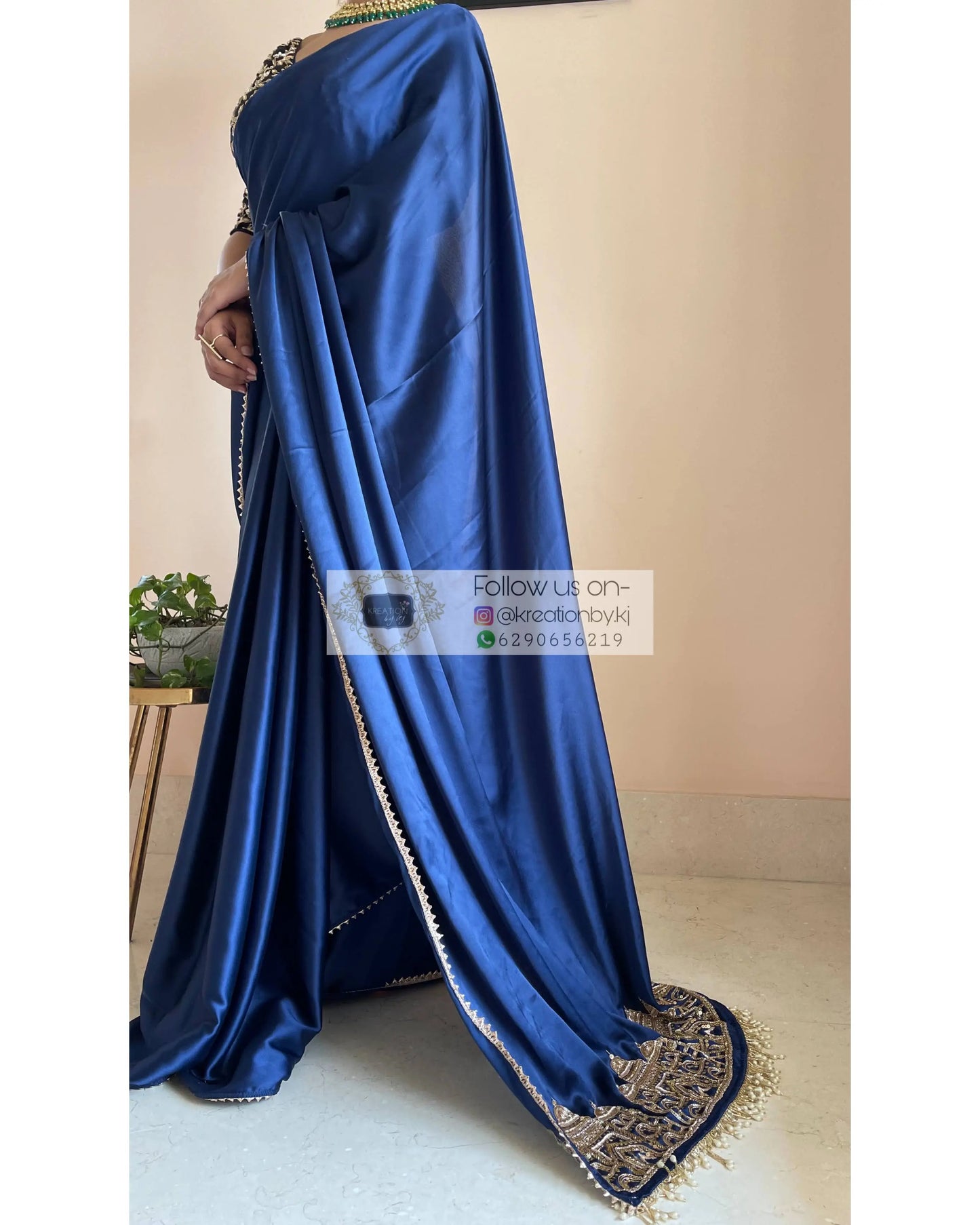 Navy Blue Satin Silk Taj Mahal Saree - kreationbykj