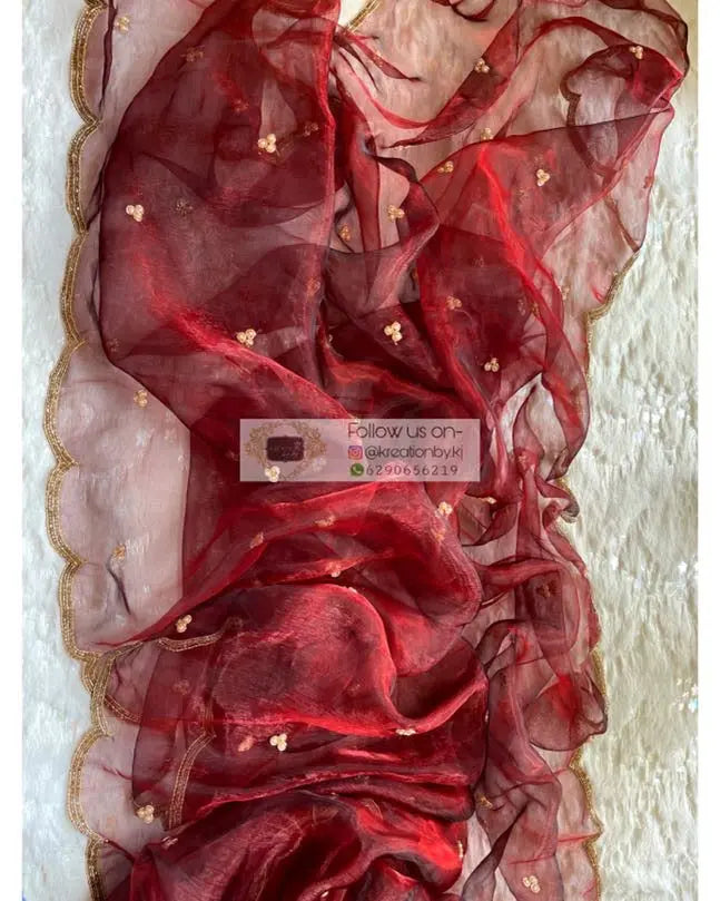 Maroon Glass Tissue Dupatta With Scallops - kreationbykj