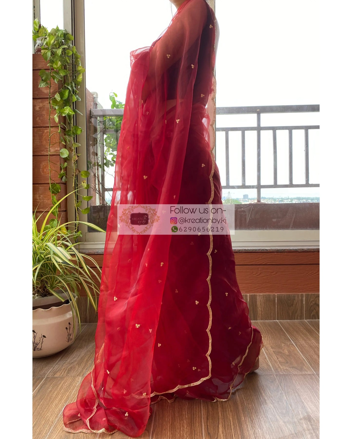 Red Glass Tissue Saree with Handembroidered Scalloping - kreationbykj