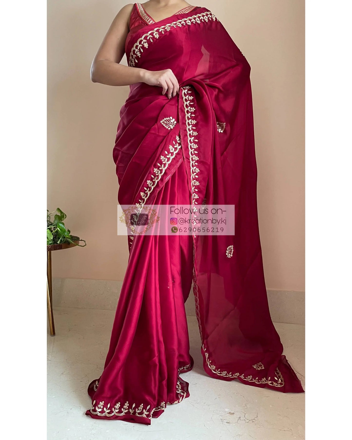 Maroon Crepe Silk Saree With Gota Patti Border - kreationbykj