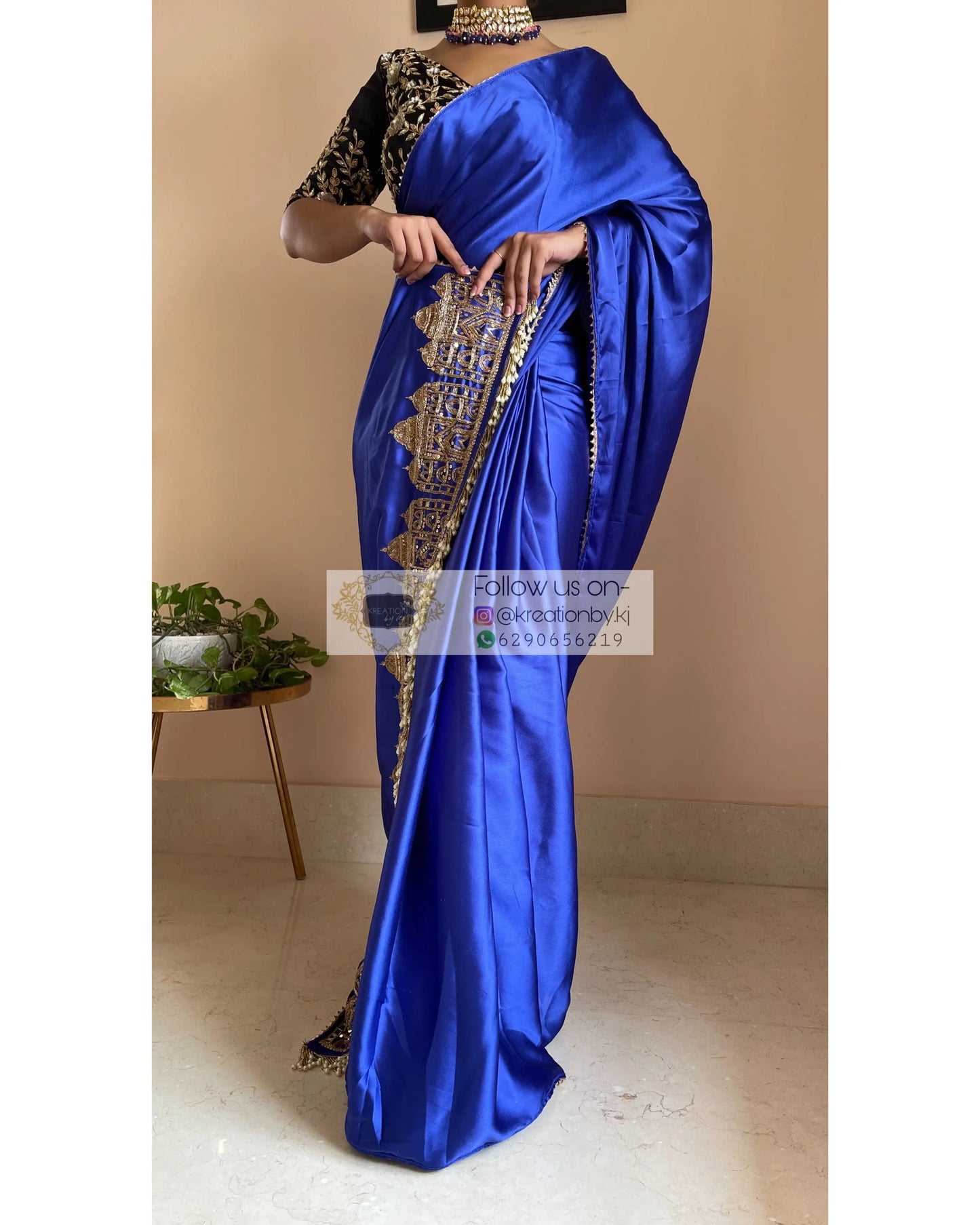 Royal Blue Satin Silk Taj Mahal Saree - kreationbykj
