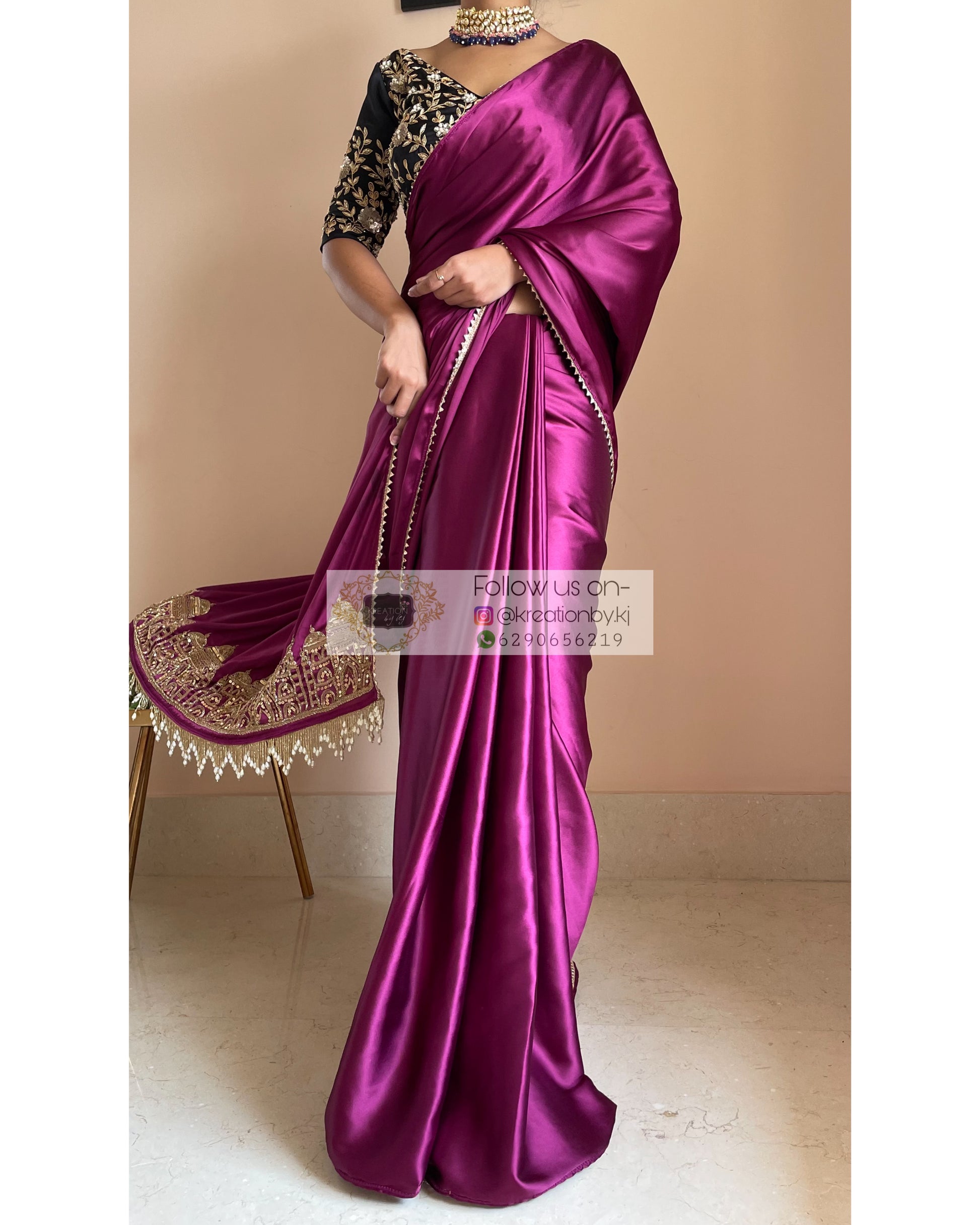 Dark Purple Satin Silk Taj Mahal Saree - kreationbykj