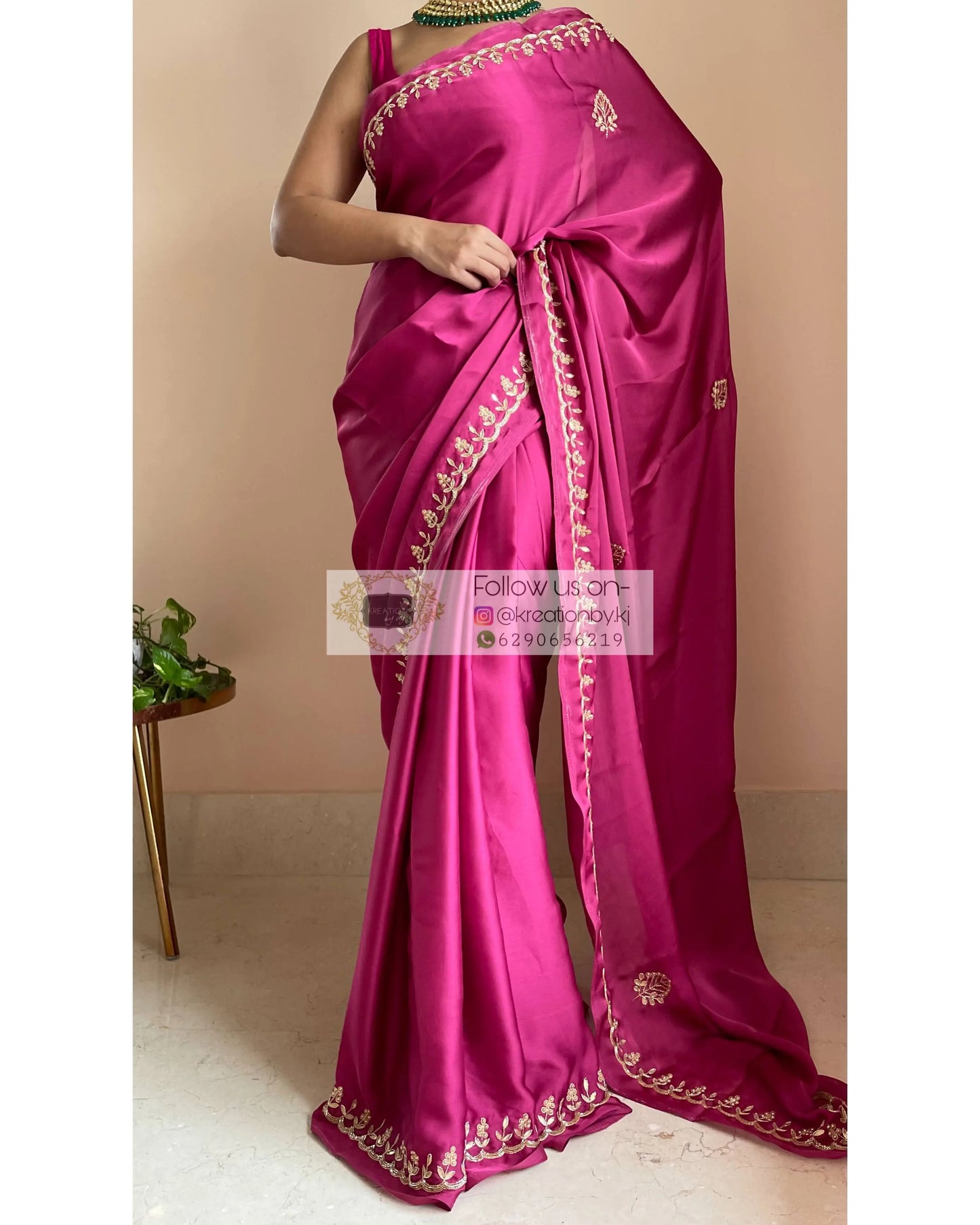 Pink Crepe Silk Saree With Gota Patti Border - kreationbykj