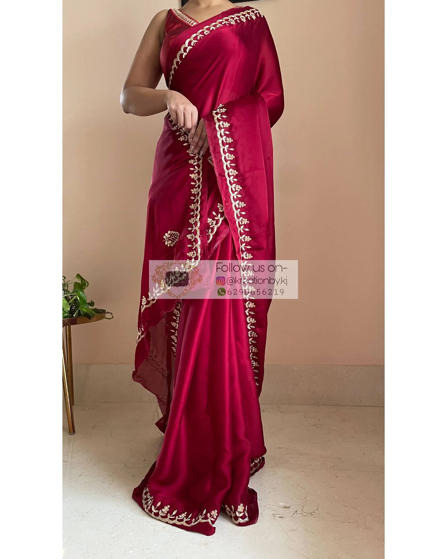 Maroon Crepe Silk Saree With Gota Patti Border - kreationbykj