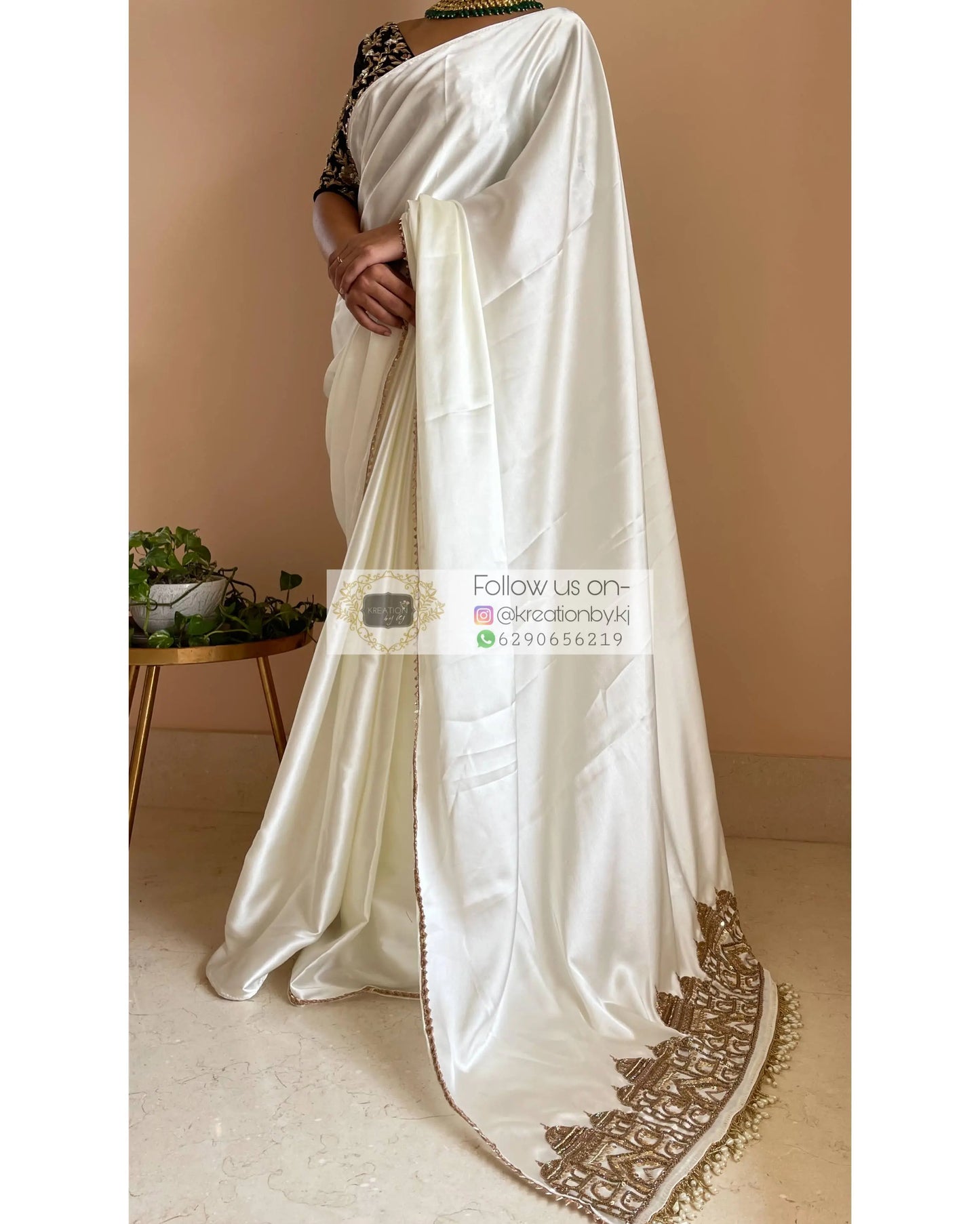 Cream Satin Silk Taj Mahal Saree - kreationbykj