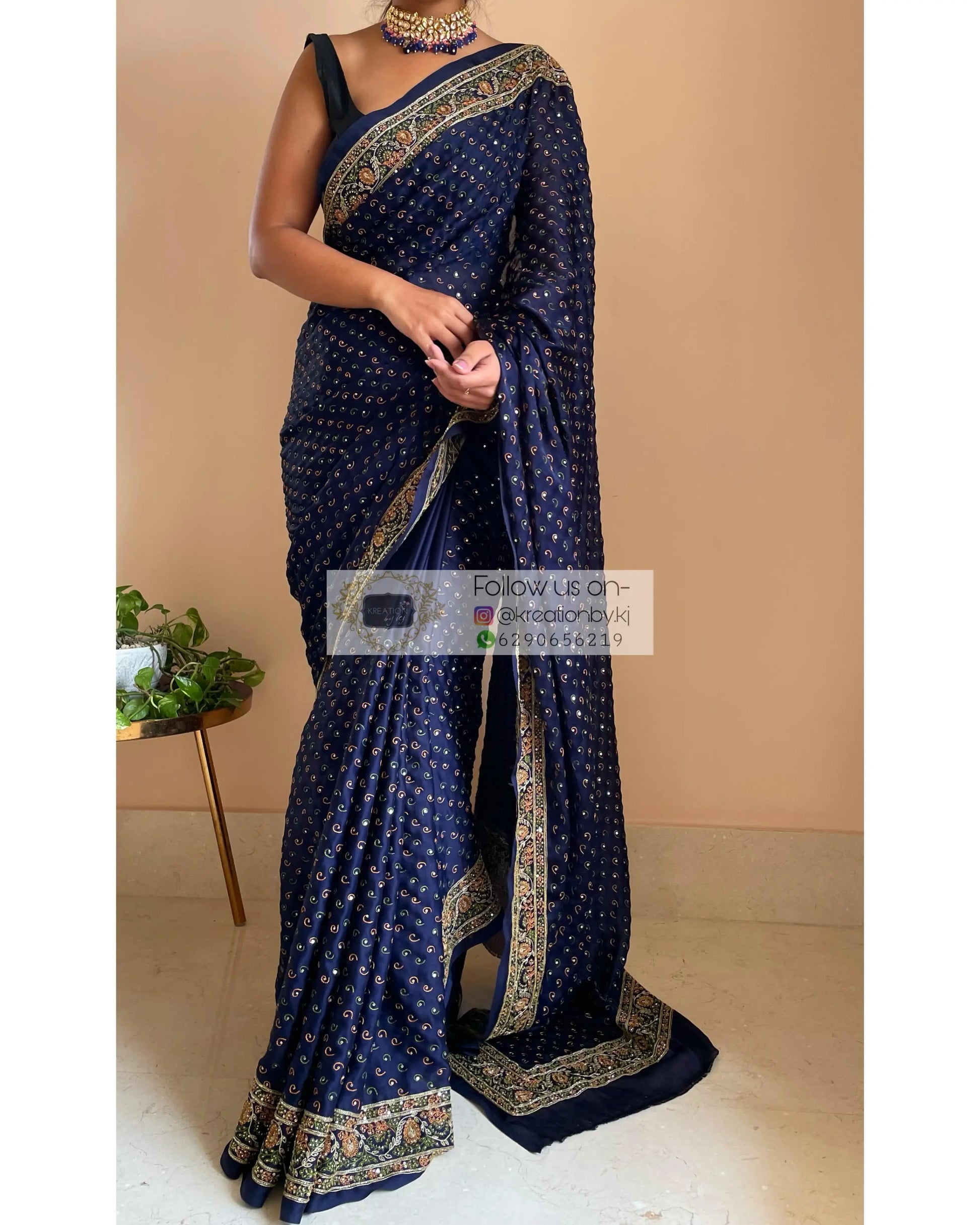 Navy Blue Bridal Handembroidered Saree - kreationbykj