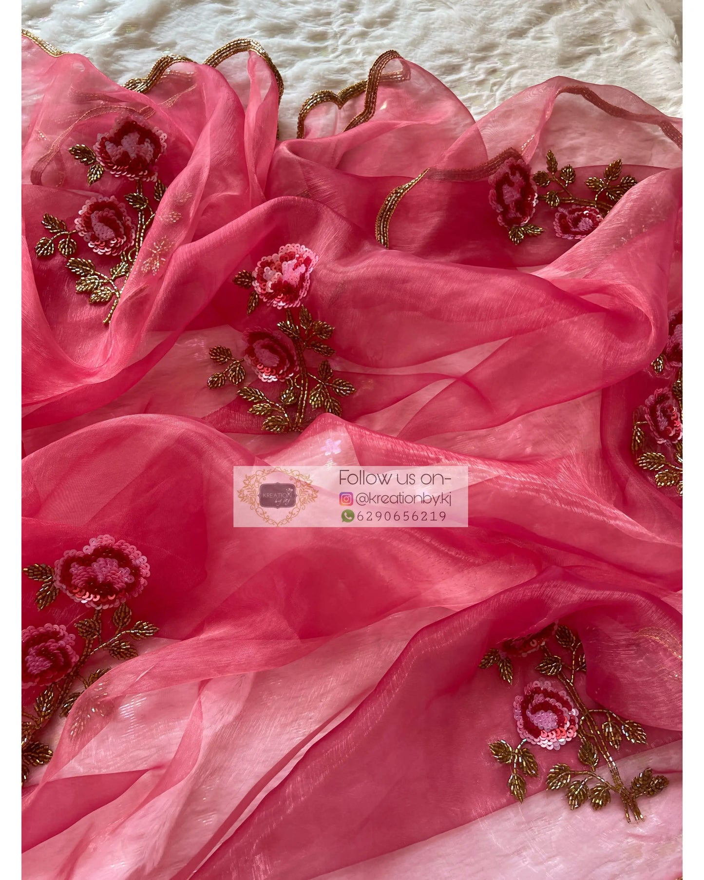 Pink Glass Tissue Rose Dupatta - kreationbykj