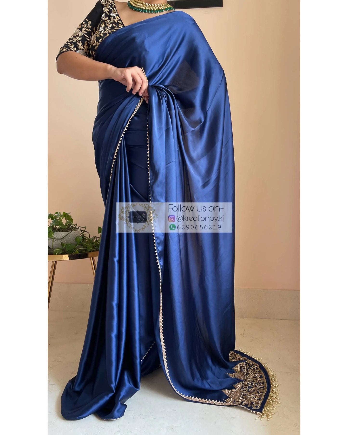 Navy Blue Satin Silk Taj Mahal Saree - kreationbykj