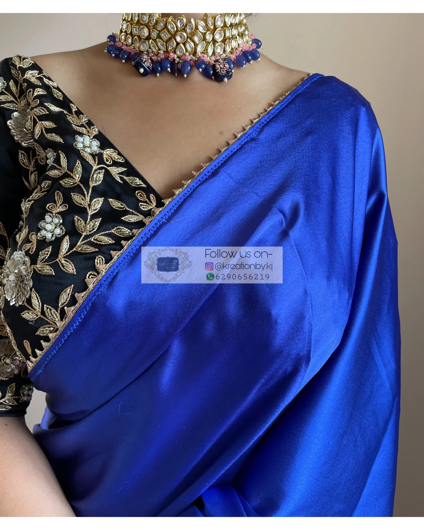 Royal Blue Satin Silk Taj Mahal Saree - kreationbykj