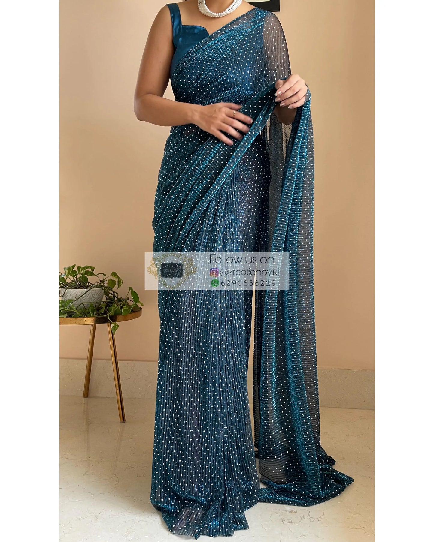 Blue Pleated Shimmer Net Saree - kreationbykj