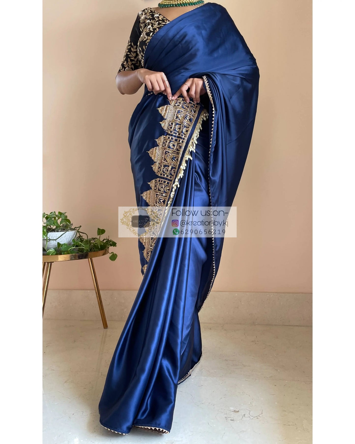 Navy Blue Satin Silk Taj Mahal Saree - kreationbykj