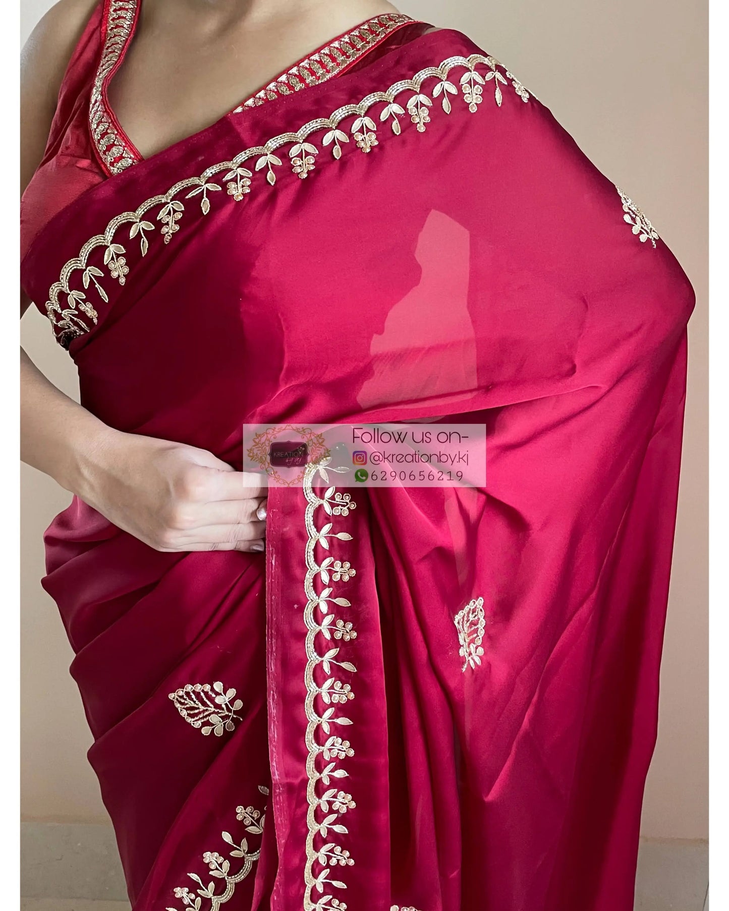 Maroon Crepe Silk Saree With Gota Patti Border - kreationbykj