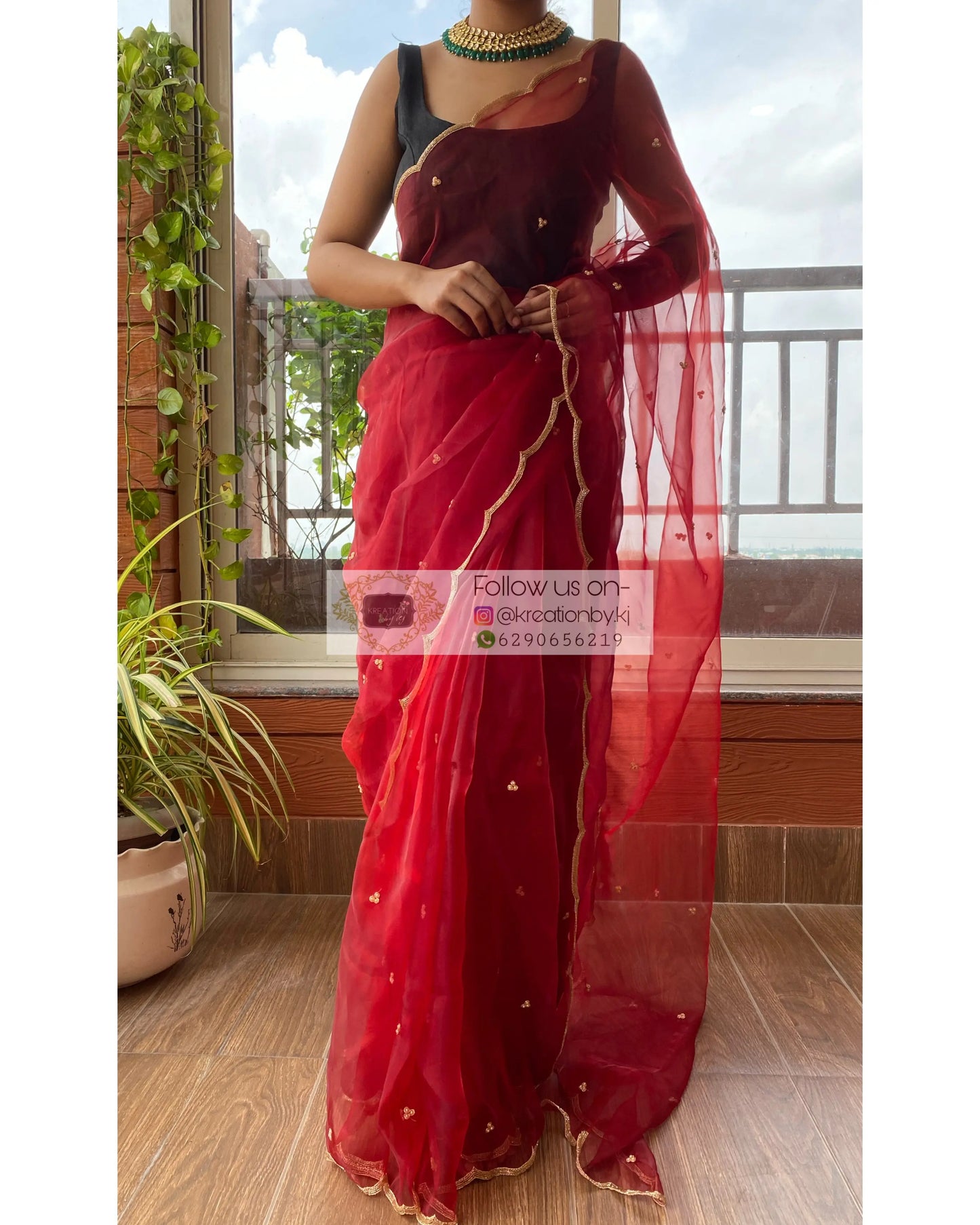 Red Glass Tissue Saree with Handembroidered Scalloping - kreationbykj