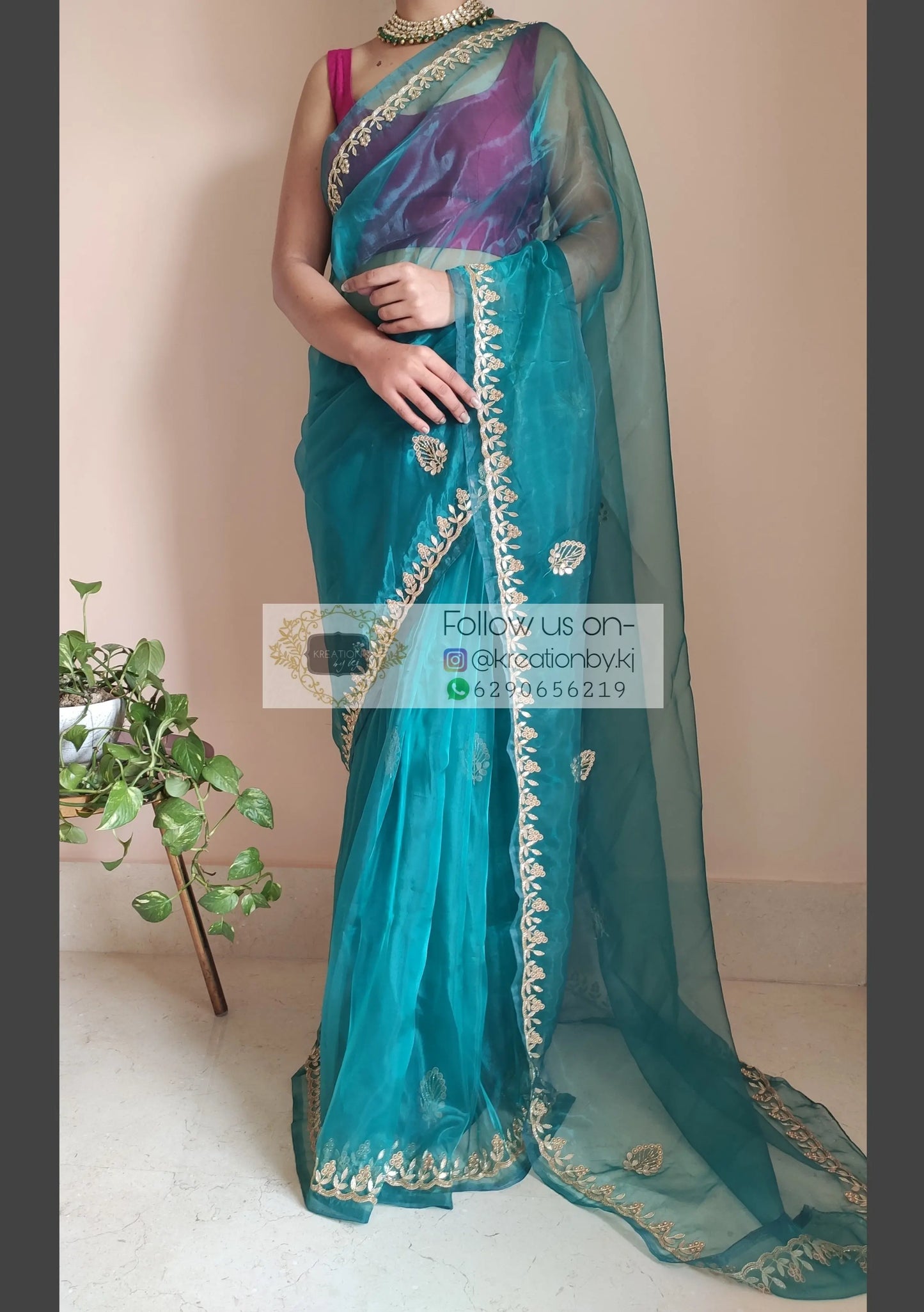 Teal Blue Glass Tissue Saree With Gota Patti Border - kreationbykj