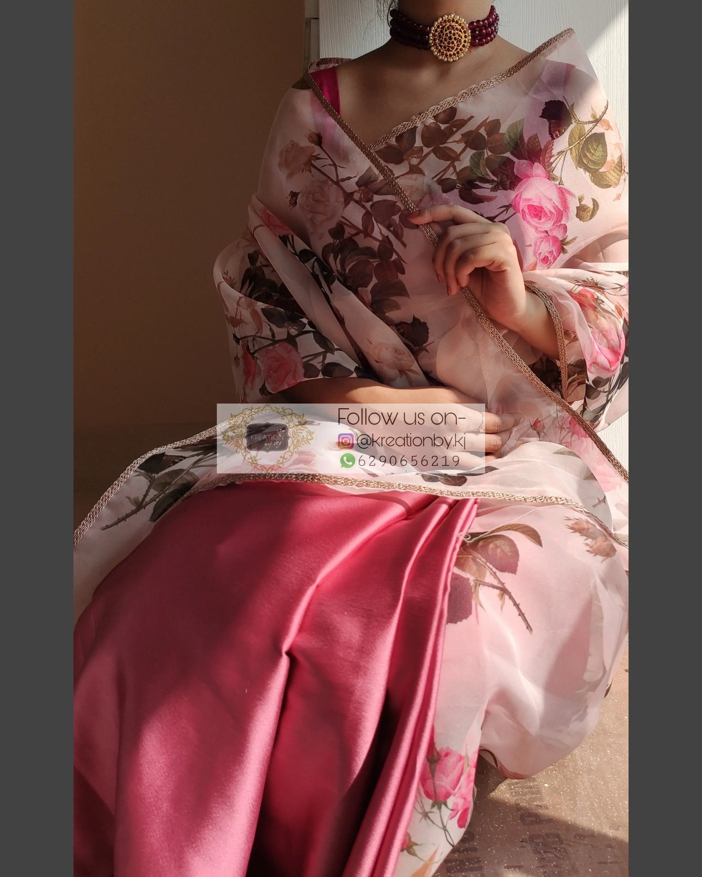 Pink Floral Organza And Satin Saree - kreationbykj