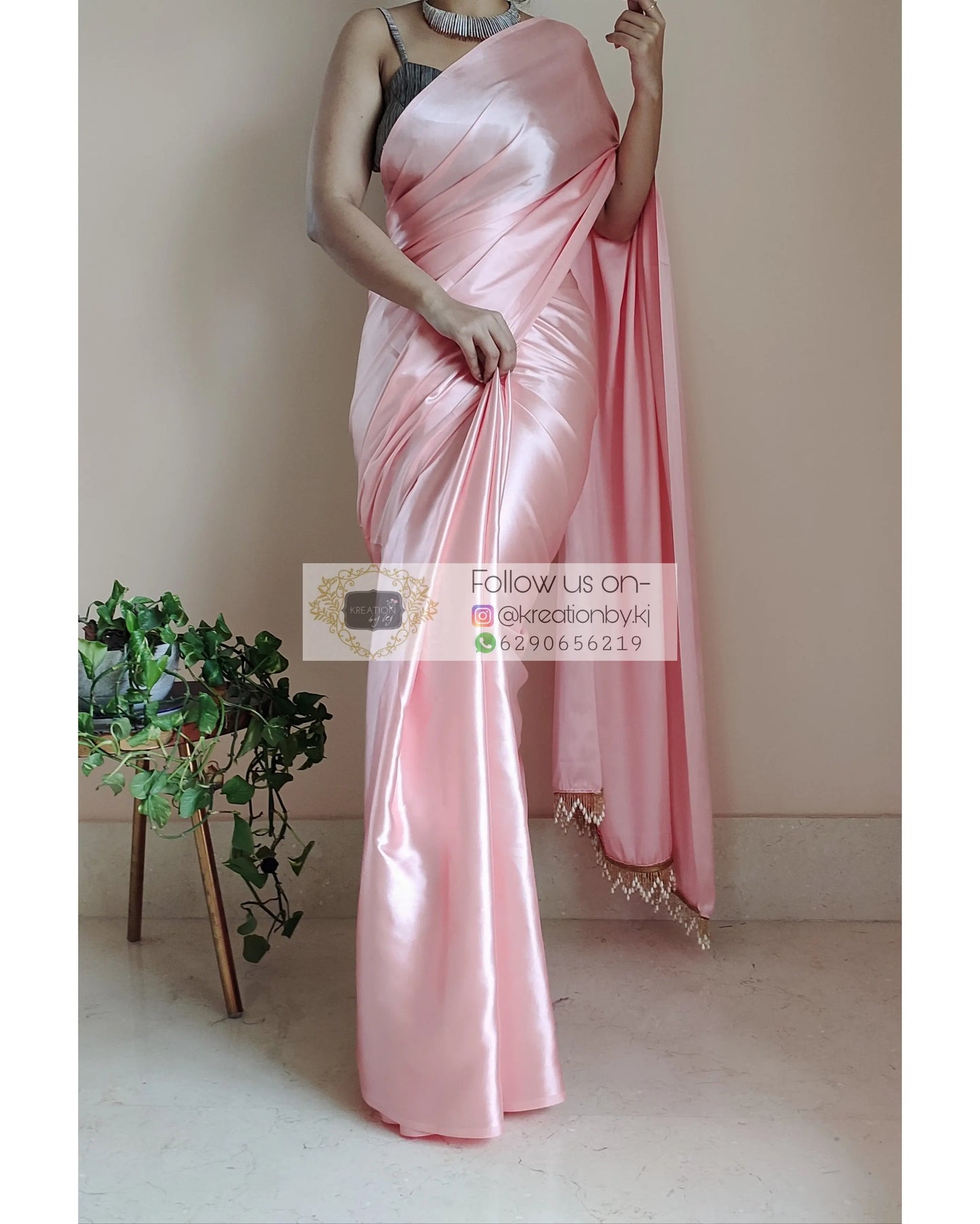 Peach Satin Silk Saree With Handmade Tassels On Pallu - kreationbykj