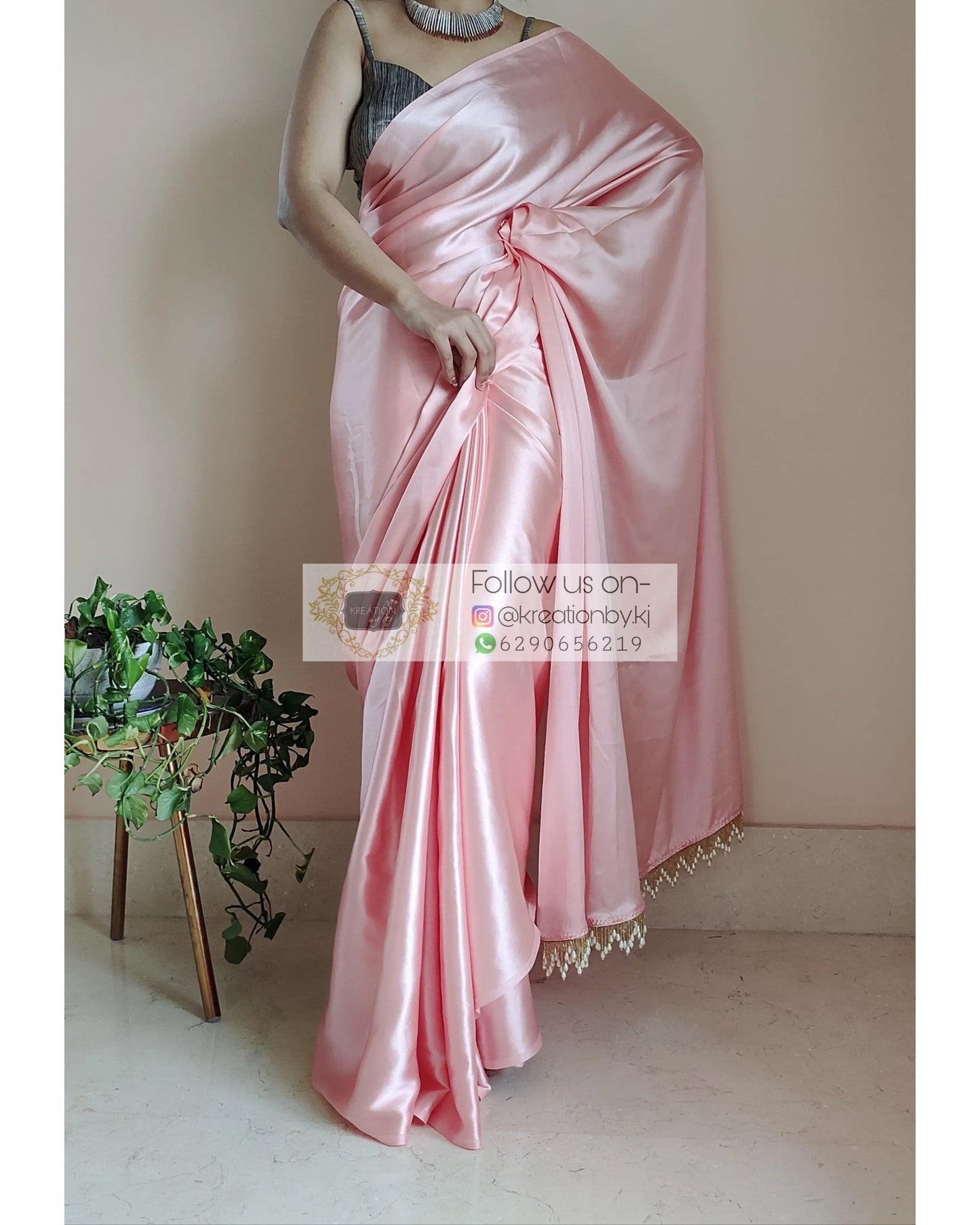 Peach Satin Silk Saree With Handmade Tassels On Pallu - kreationbykj