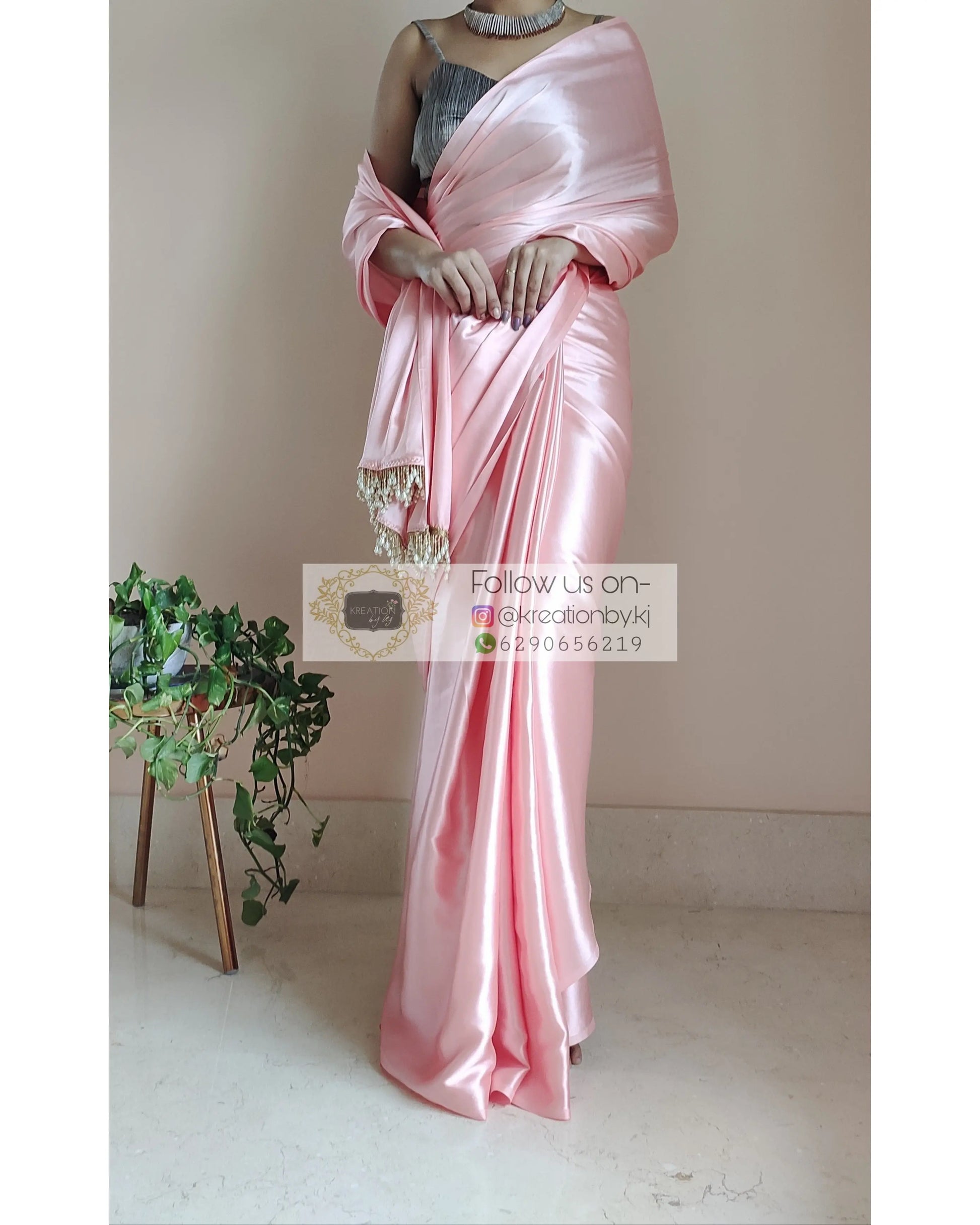 Peach Satin Silk Saree With Handmade Tassels On Pallu - kreationbykj
