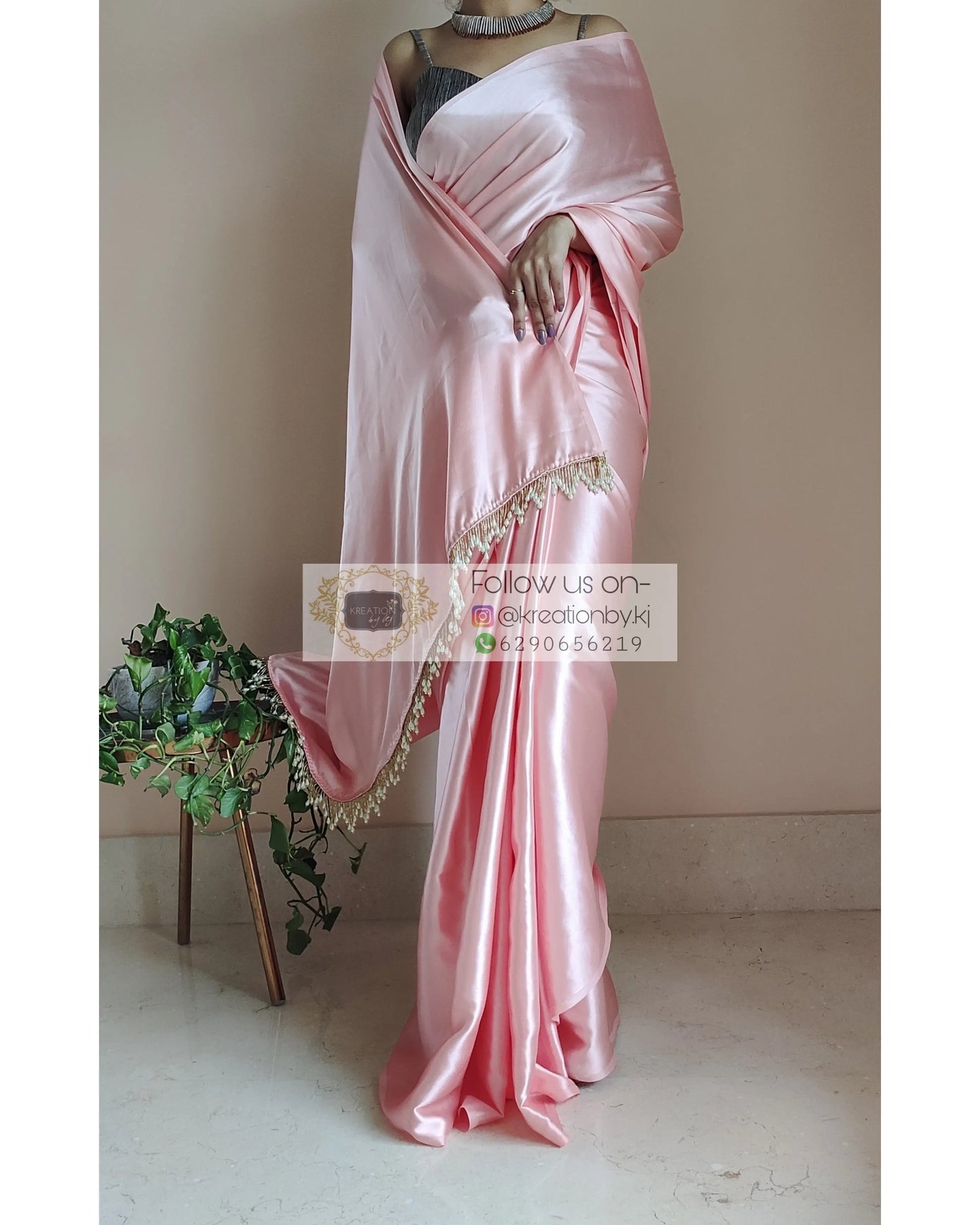 Peach Satin Silk Saree With Handmade Tassels On Pallu - kreationbykj