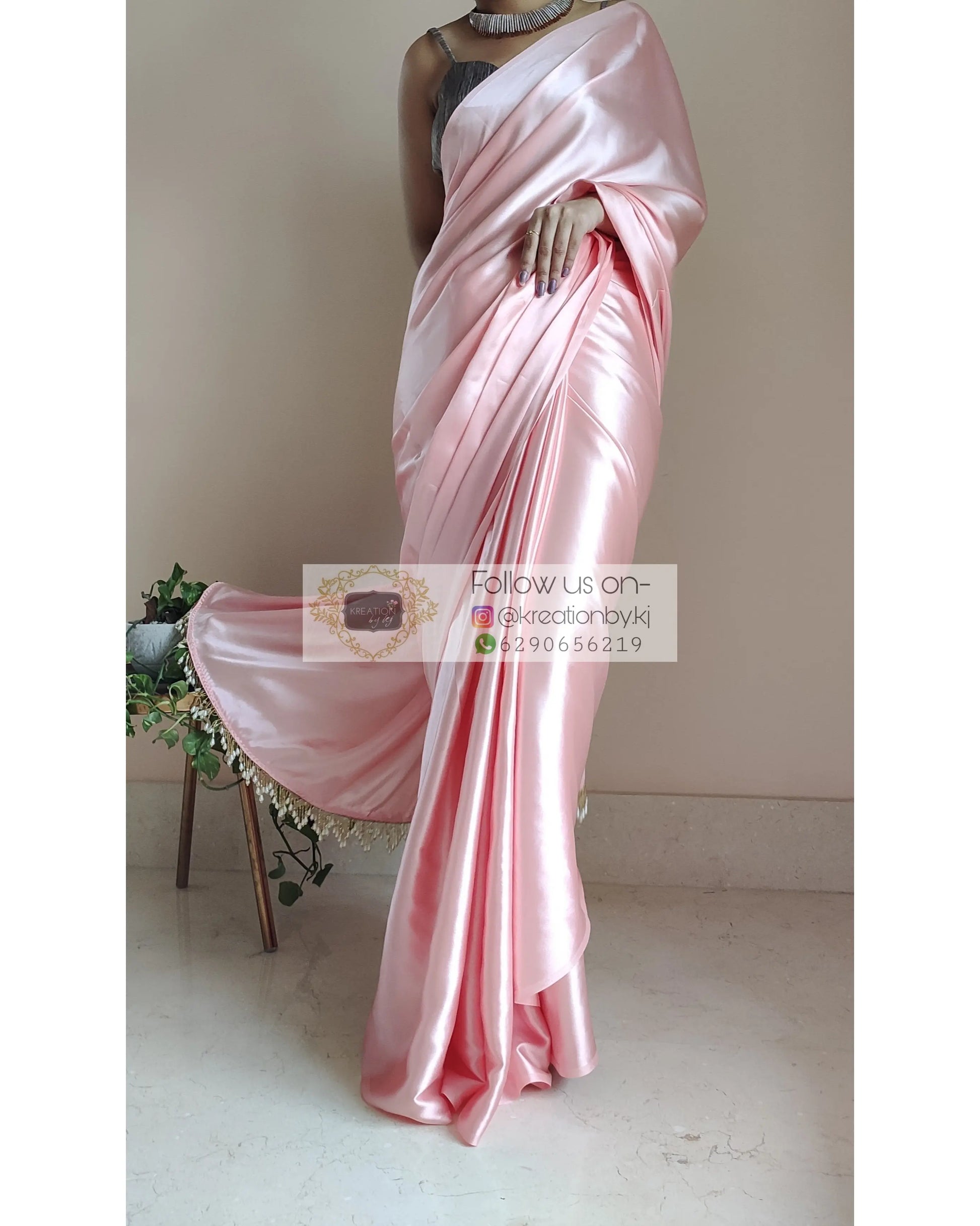 Peach Satin Silk Saree With Handmade Tassels On Pallu - kreationbykj