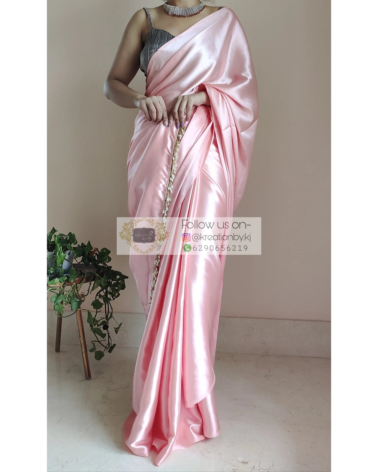 Peach Satin Silk Saree With Handmade Tassels On Pallu - kreationbykj