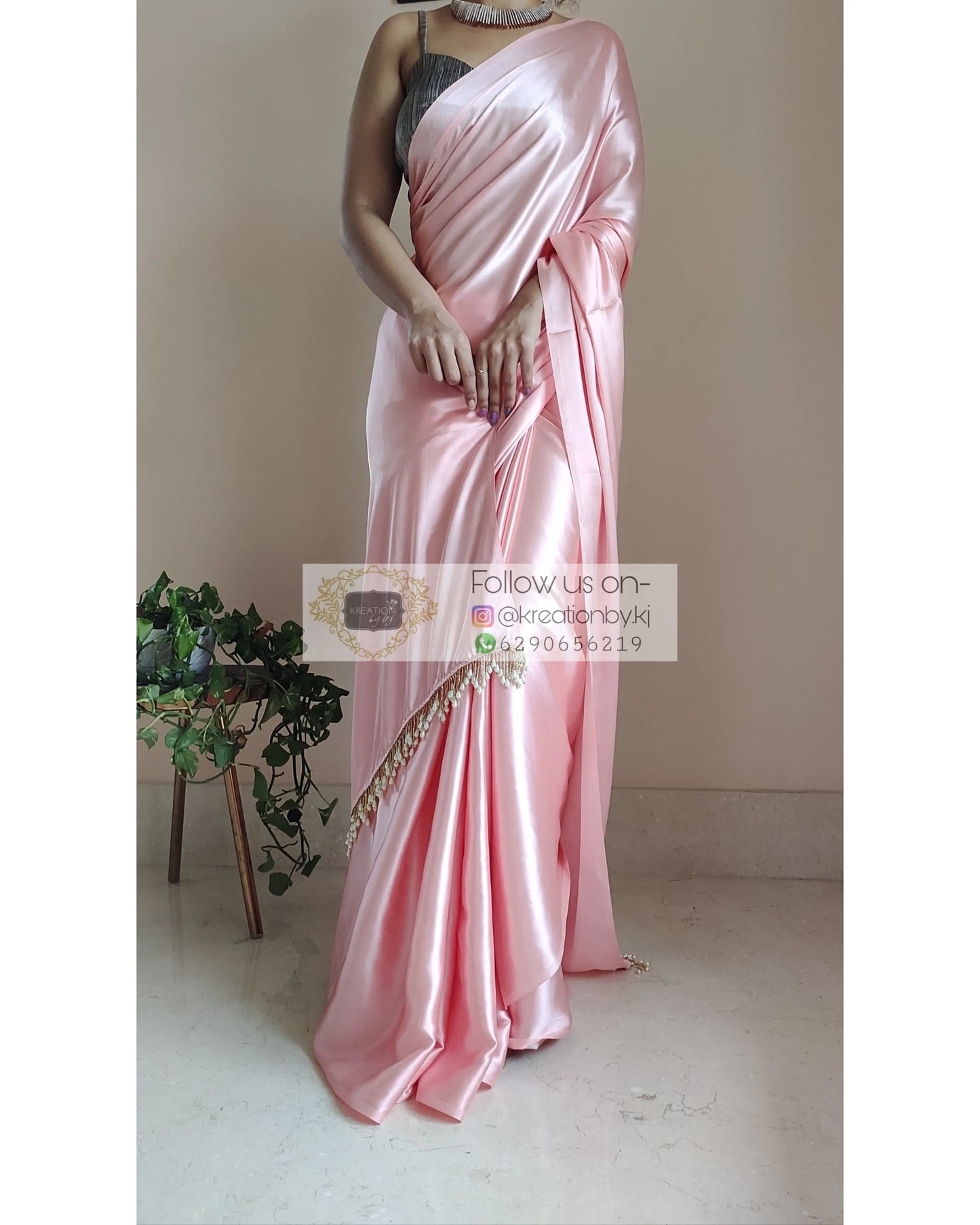 Peach Satin Silk Saree With Handmade Tassels On Pallu - kreationbykj
