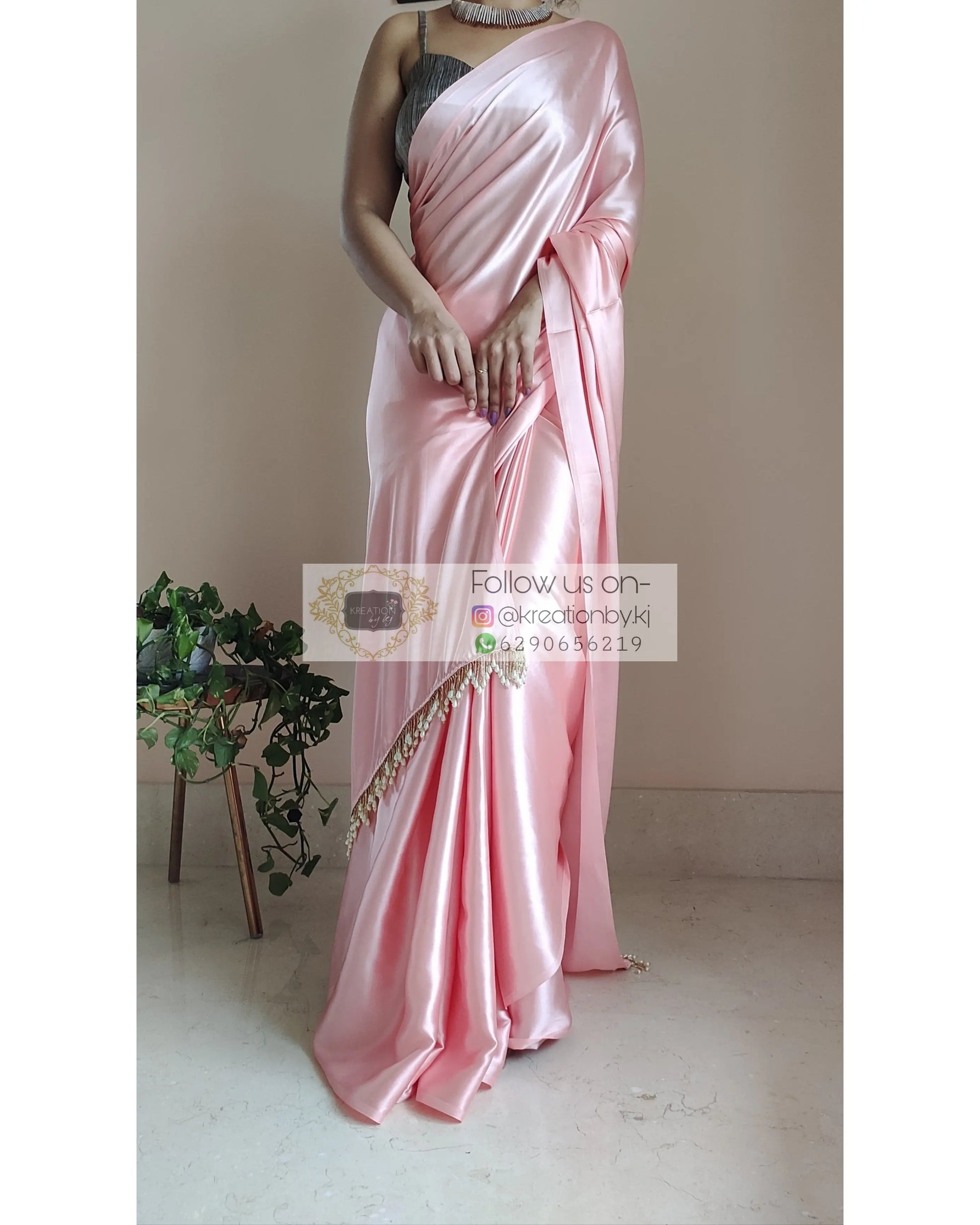 Peach Satin Silk Saree With Handmade Tassels On Pallu - kreationbykj