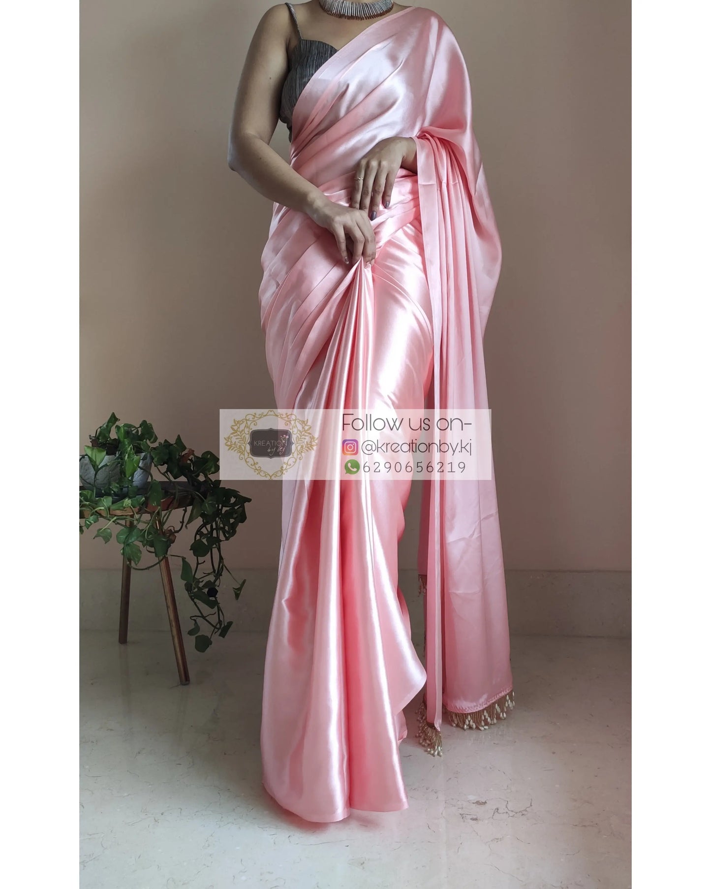 Peach Satin Silk Saree With Handmade Tassels On Pallu - kreationbykj